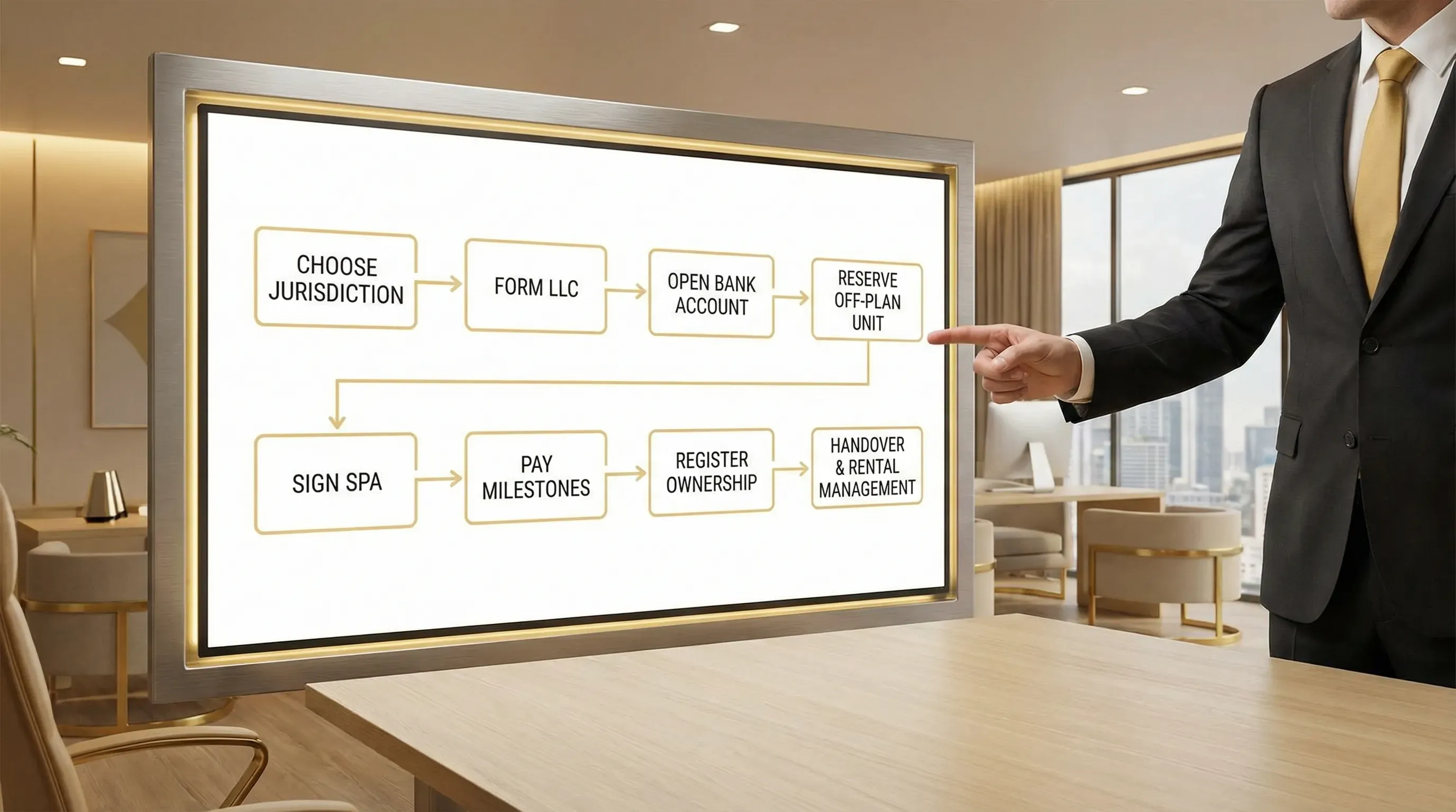 A simple flowchart showing the sequence for a UAE property investor: choose jurisdiction, form LLC, open bank account, reserve off-plan unit, sign SPA, pay milestones, register ownership, handover and rental management.