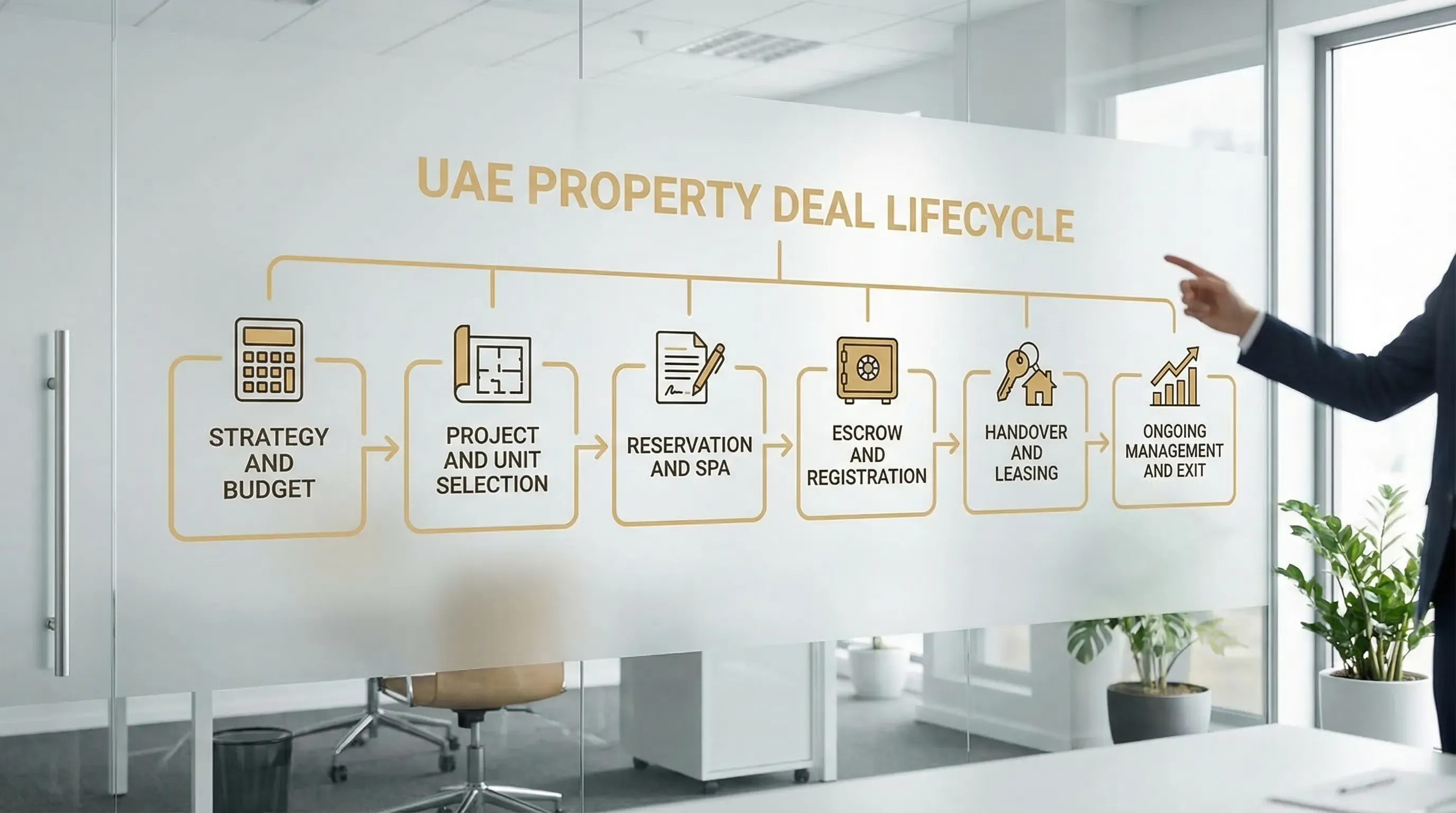 A simple flow diagram showing a UAE property deal lifecycle: Strategy and Budget, Project and Unit Selection, Reservation and SPA, Escrow and Registration, Handover and Leasing, Ongoing Management and Exit.