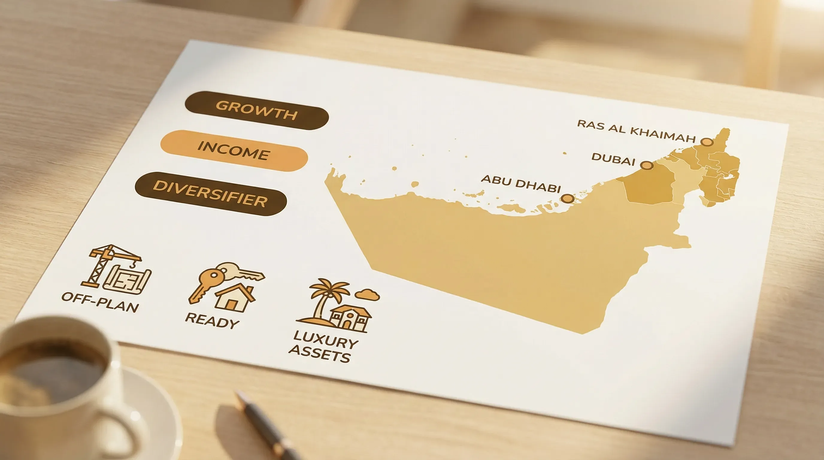 A clean infographic-style map of the UAE showing Dubai, Abu Dhabi, and Ras Al Khaimah, with three labelled “portfolio roles” (Growth, Income, Diversifier) and simple icons for off-plan, ready, and luxury assets.