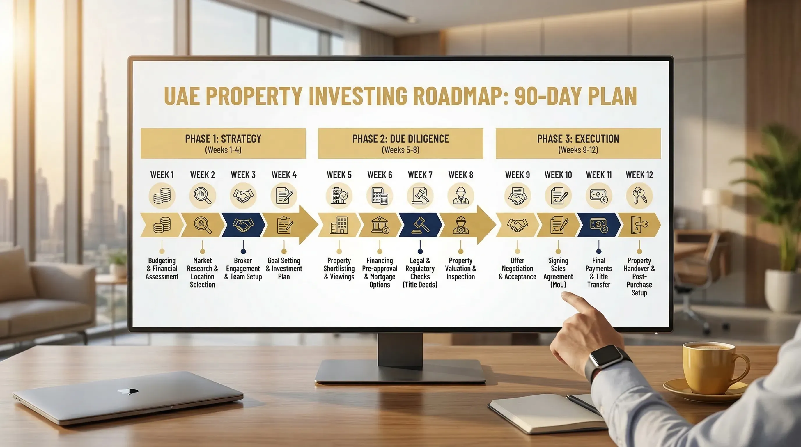 A clean 90-day timeline roadmap graphic for UAE property investing, showing three phases (Strategy, Due Diligence, Execution) with weekly milestones and icons for budgeting, financing, legal checks, and signing.