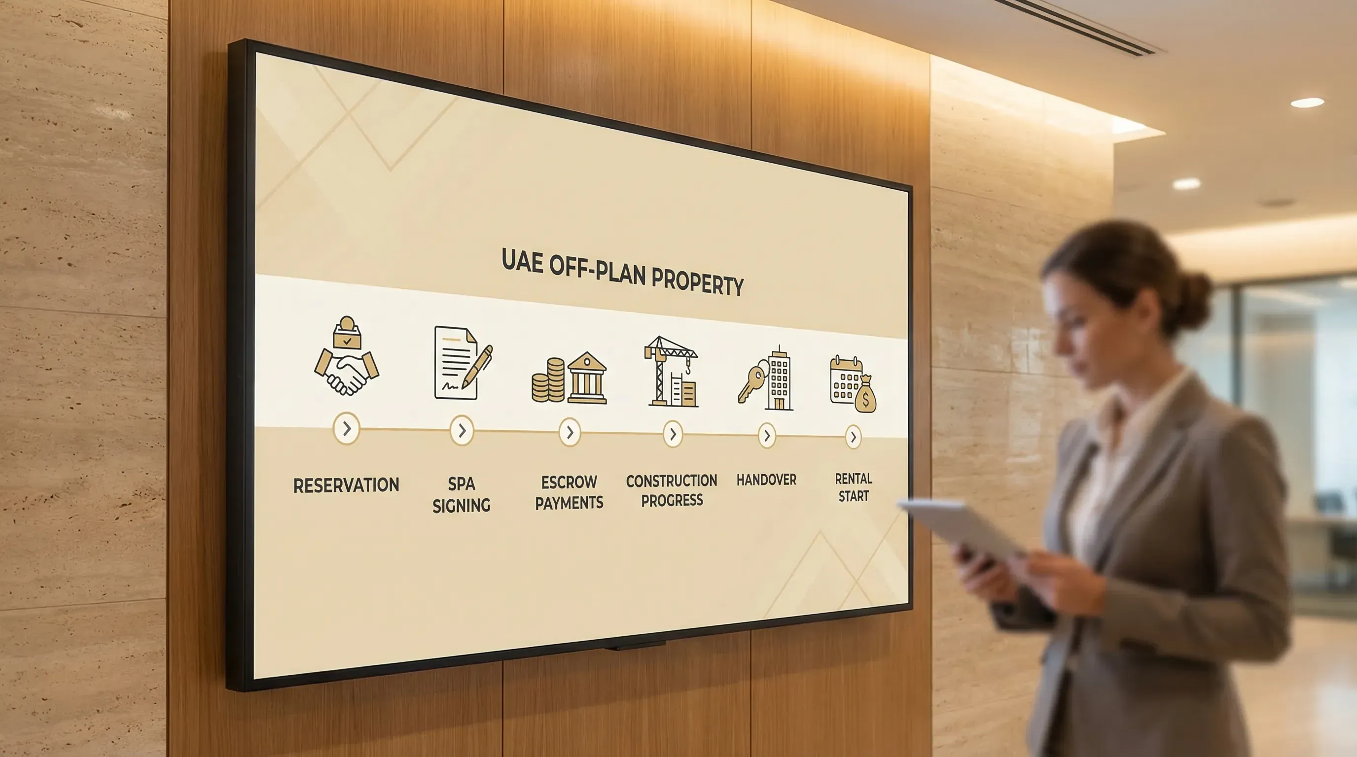 A clean illustration showing an investor timeline for an off-plan UAE property purchase, with milestones for reservation, SPA signing, escrow payments, construction progress, handover, and rental start.