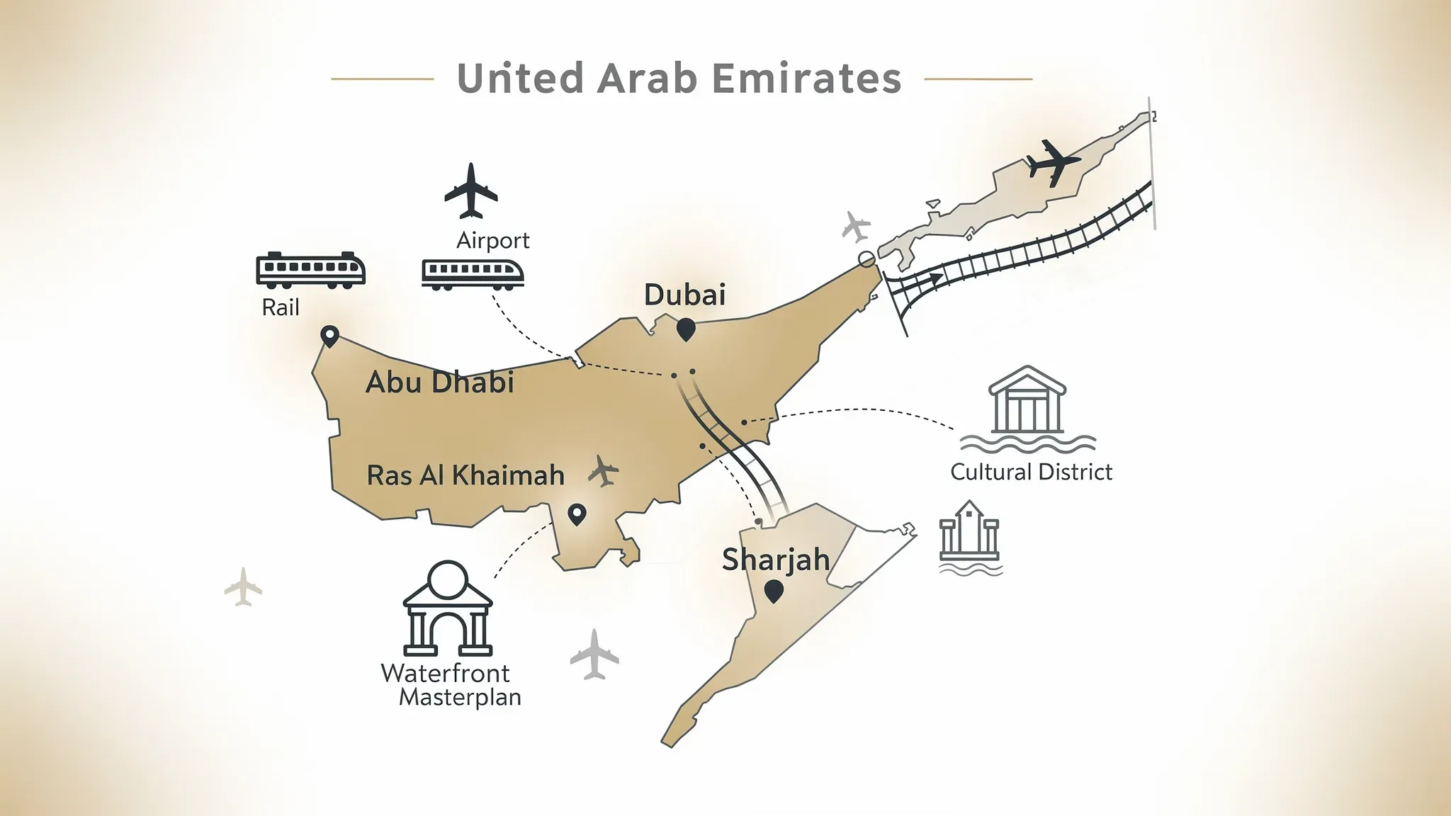 A simplified UAE map highlighting Dubai, Abu Dhabi, Ras Al Khaimah and Sharjah, with icons for airports, rail, cultural districts and waterfront masterplans near key investment zones.