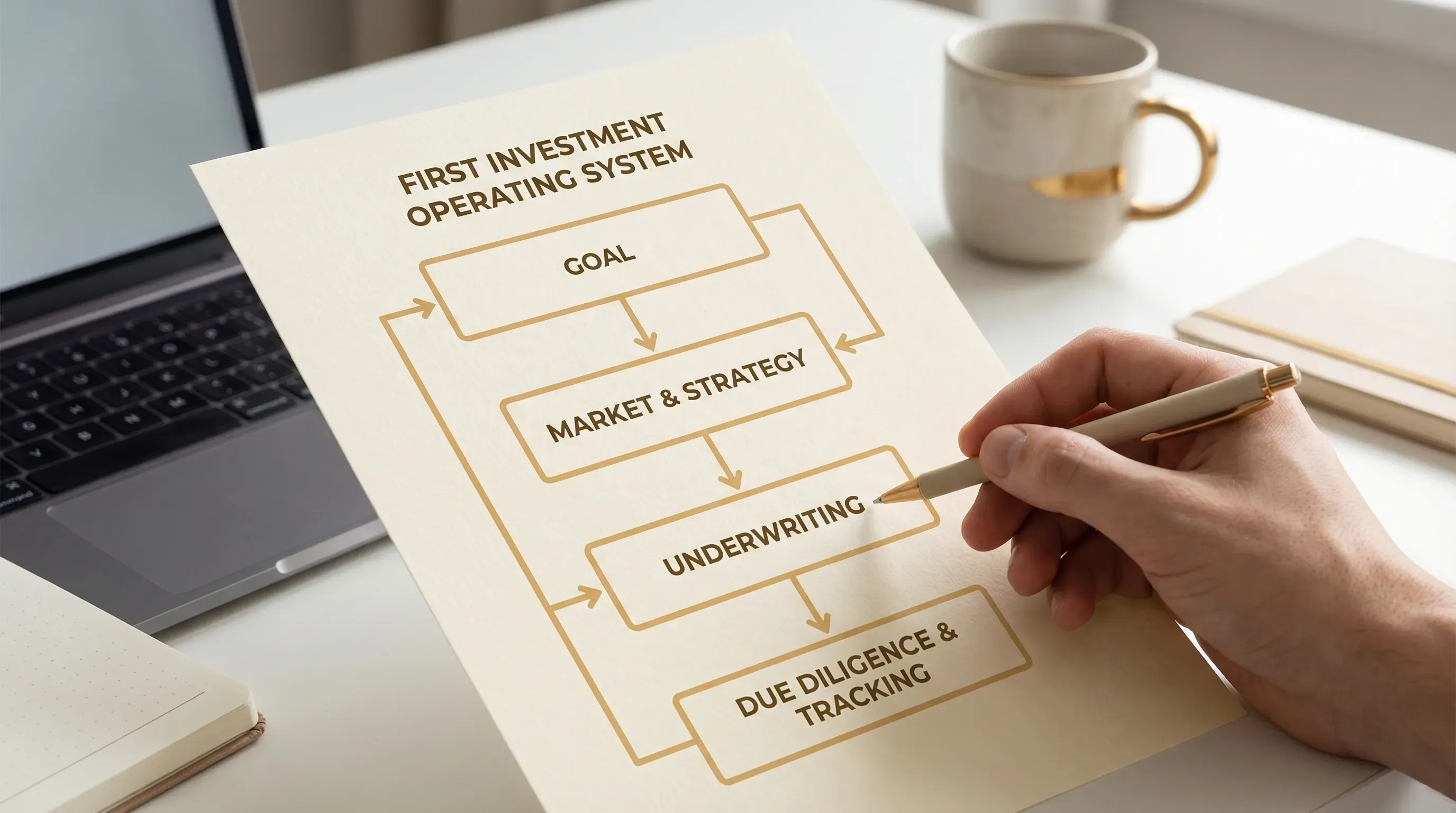 A simple decision flowchart for a first investment operating system, showing four boxes: Goal, Market and Strategy, Underwriting, Due Diligence and Tracking.