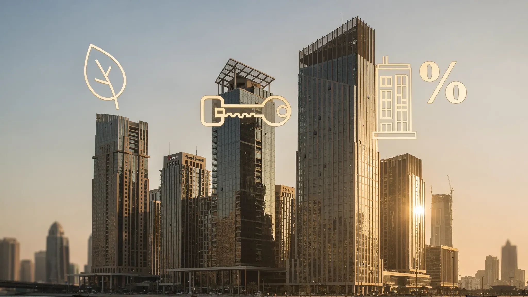 A modern UAE skyline at golden hour with subtle overlay icons representing key 2026 property trends: a leaf for sustainability, a key for ownership, a building for off-plan, and a percentage symbol for financing.