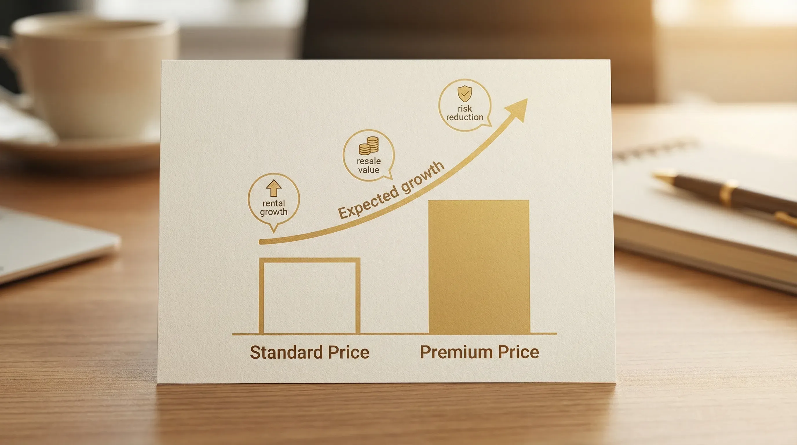 A clean infographic showing two bars labelled “Standard Price” and “Premium Price”, with a curved line above labelled “Expected growth” rising faster for the premium option; small callouts note “rental growth”, “resale value”, and “risk reduction”.
