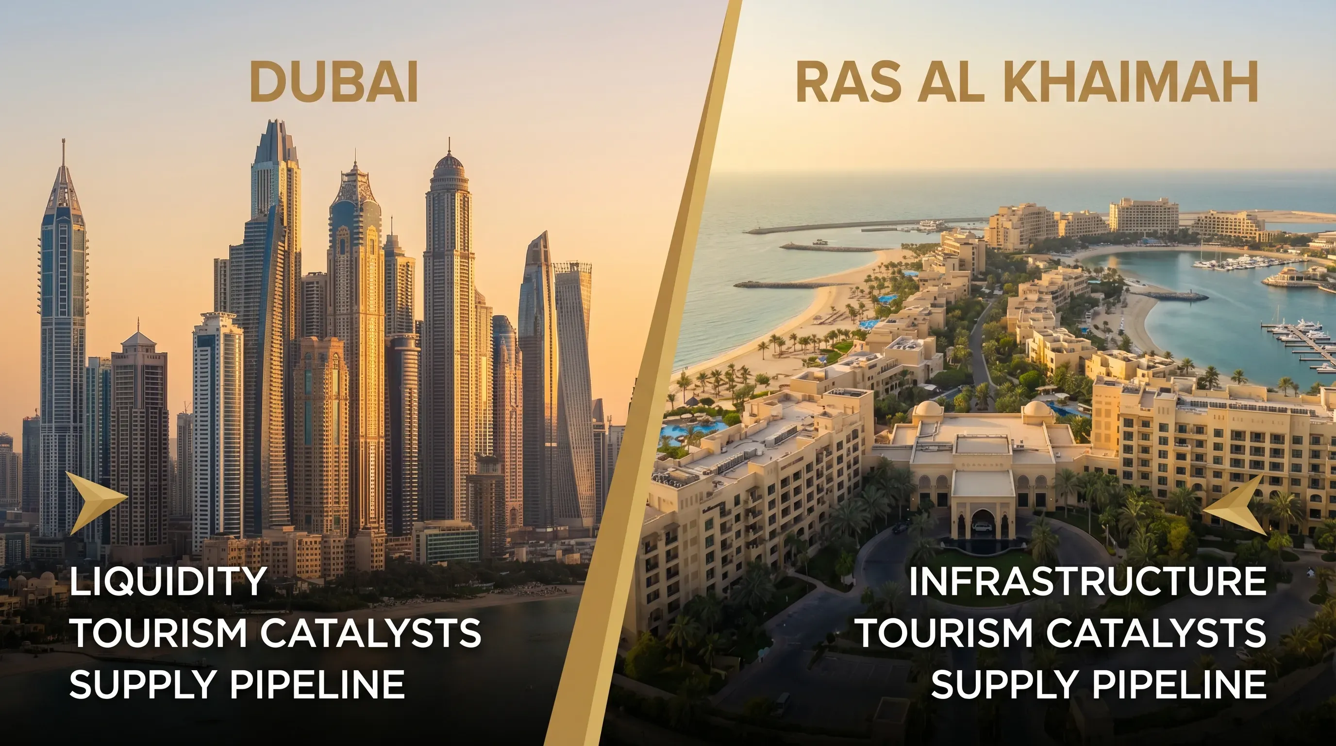 A side-by-side comparison scene showing Dubai skyline and a Ras Al Khaimah waterfront resort district, with simple labels for key drivers like liquidity, tourism catalysts, supply pipeline, and infrastructure.