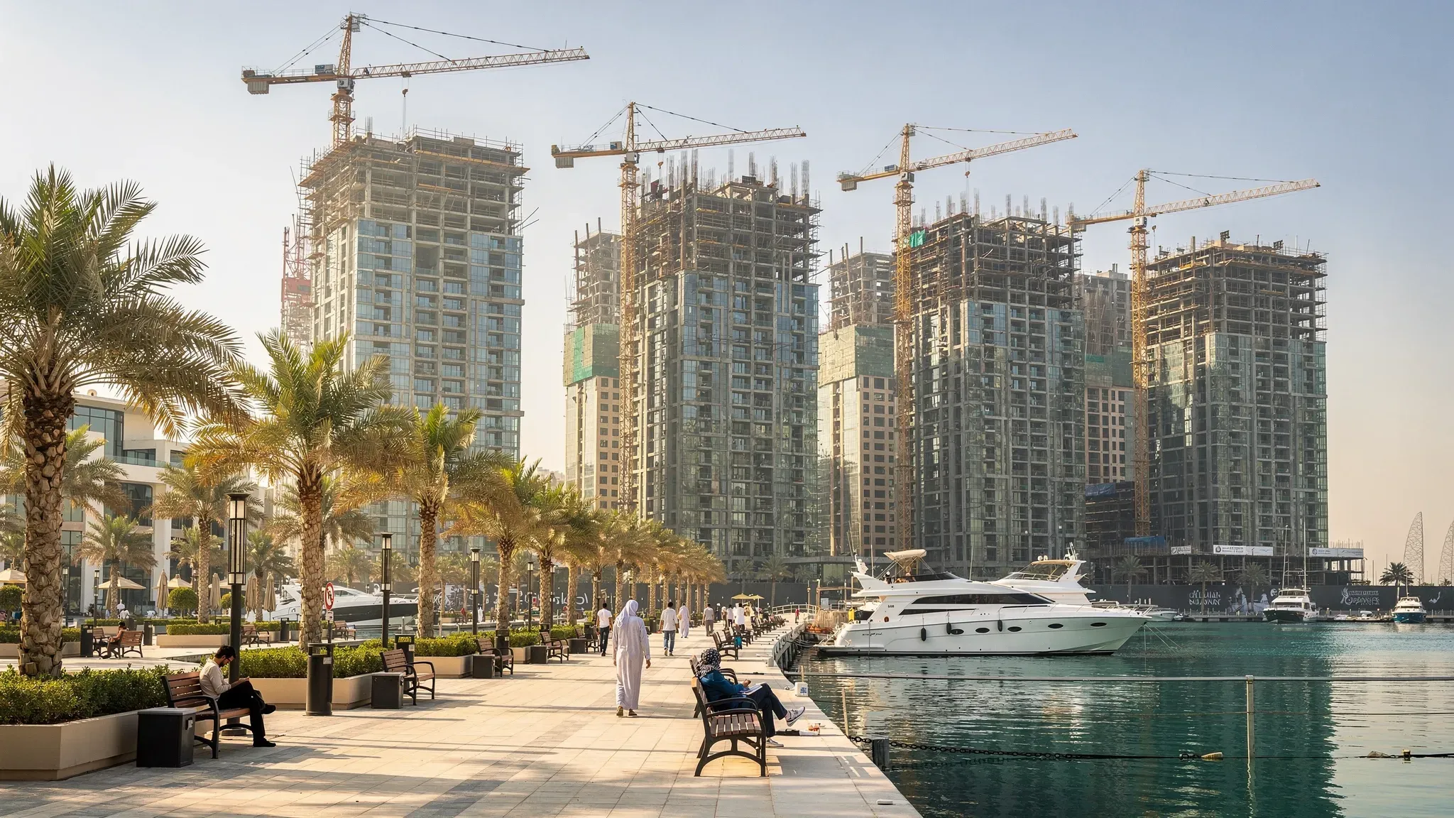 A modern UAE waterfront skyline with several residential towers under construction, cranes visible, alongside a finished promenade with palm trees and a marina, illustrating off-plan development and completed lifestyle amenities.