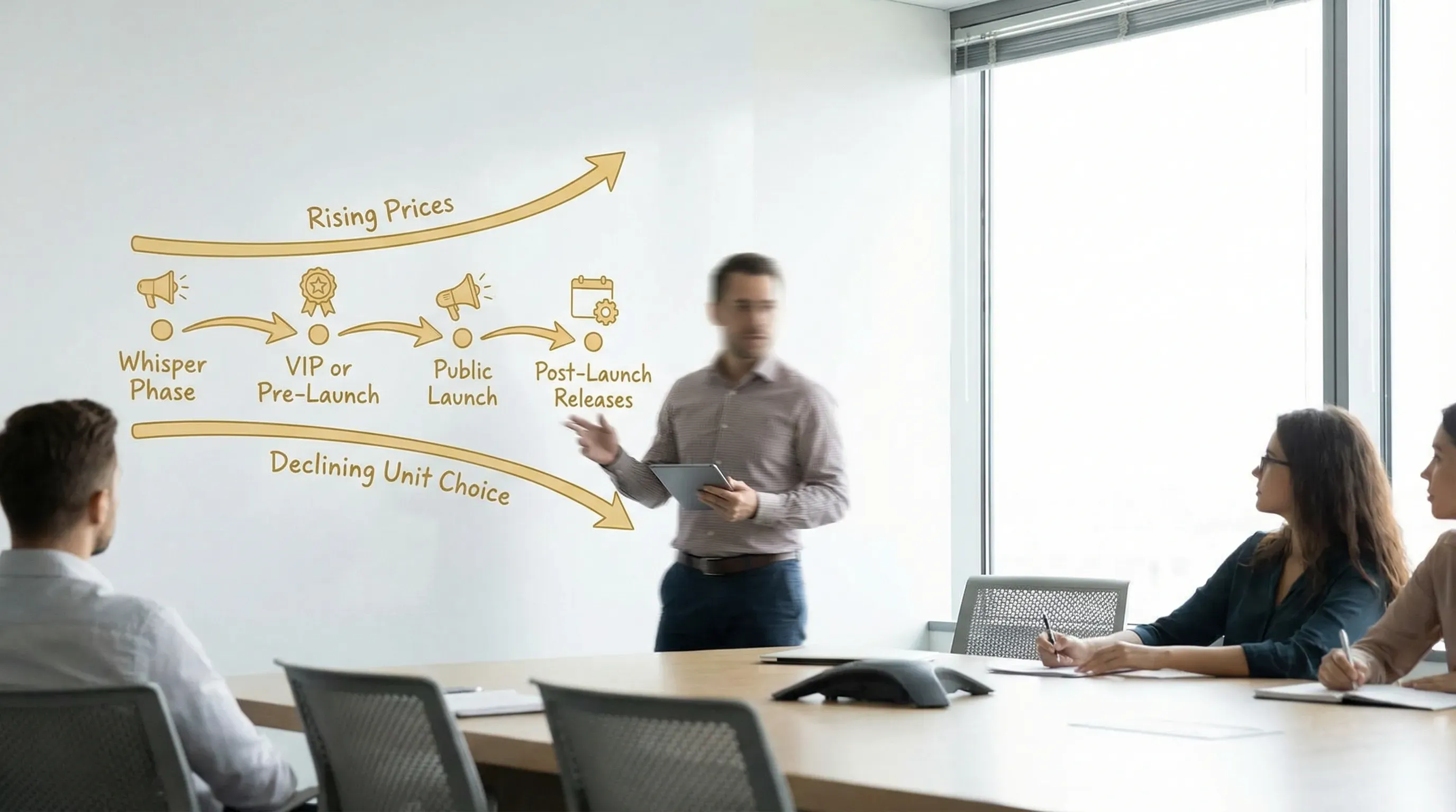 A simple four-stage timeline diagram showing the off-plan sales cycle: Whisper phase, VIP or pre-launch, Public launch, and Post-launch releases, with arrows indicating rising prices and declining unit choice over time.