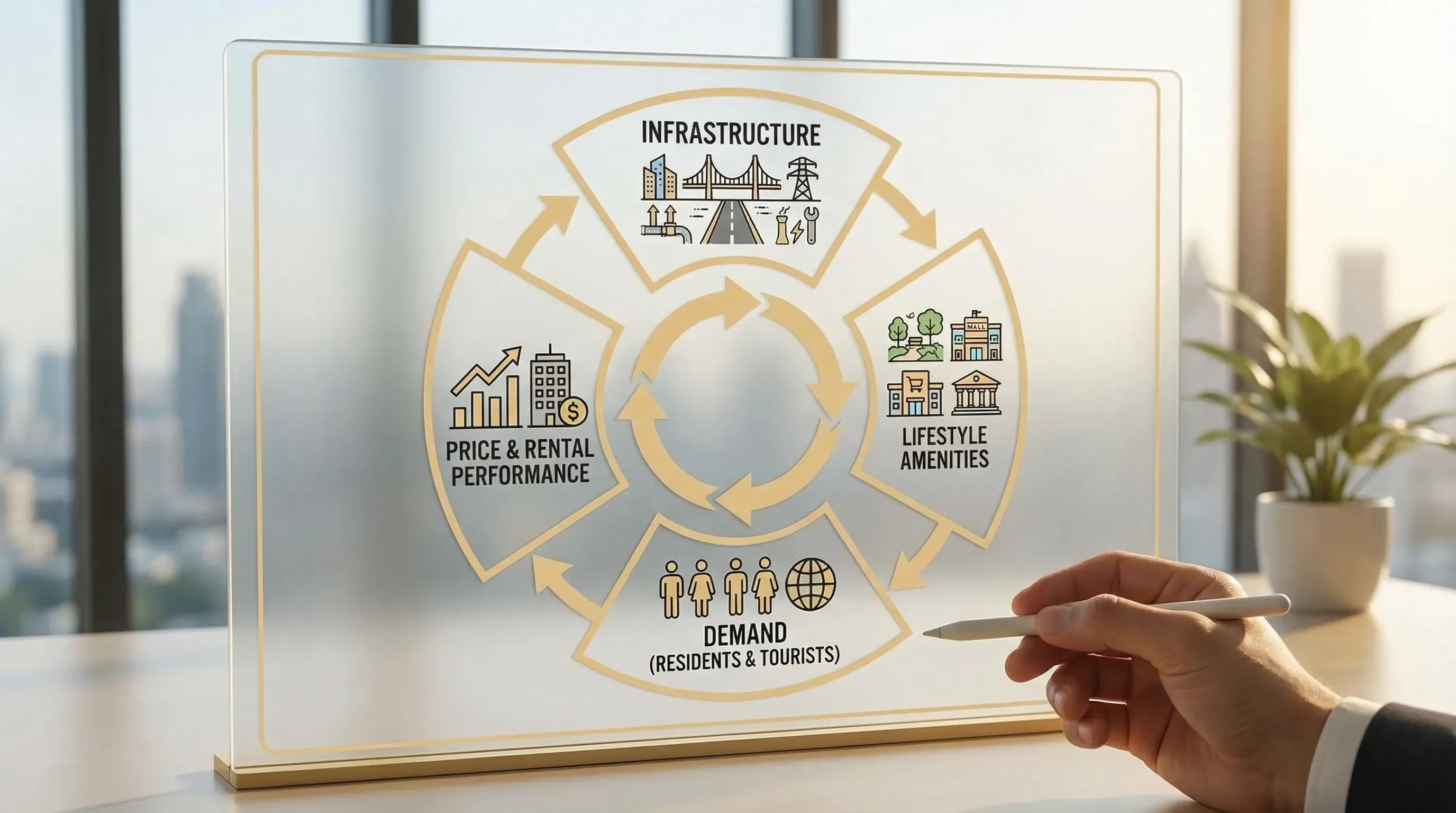 A simplified UAE property “growth flywheel” diagram showing four connected elements: infrastructure, lifestyle amenities, demand (residents and tourists), and price and rental performance, with arrows forming a loop.