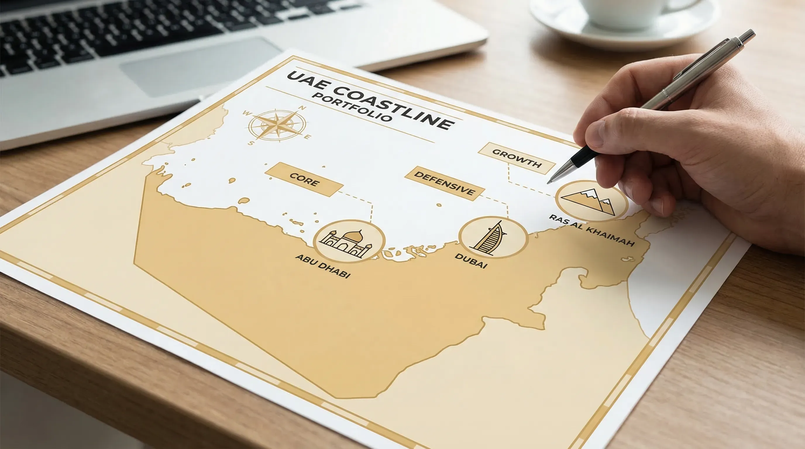 A clean illustrated map-style overview of the UAE coastline with icons representing Dubai, Abu Dhabi and Ras Al Khaimah, plus simple callouts for “core”, “defensive” and “growth” portfolio roles.