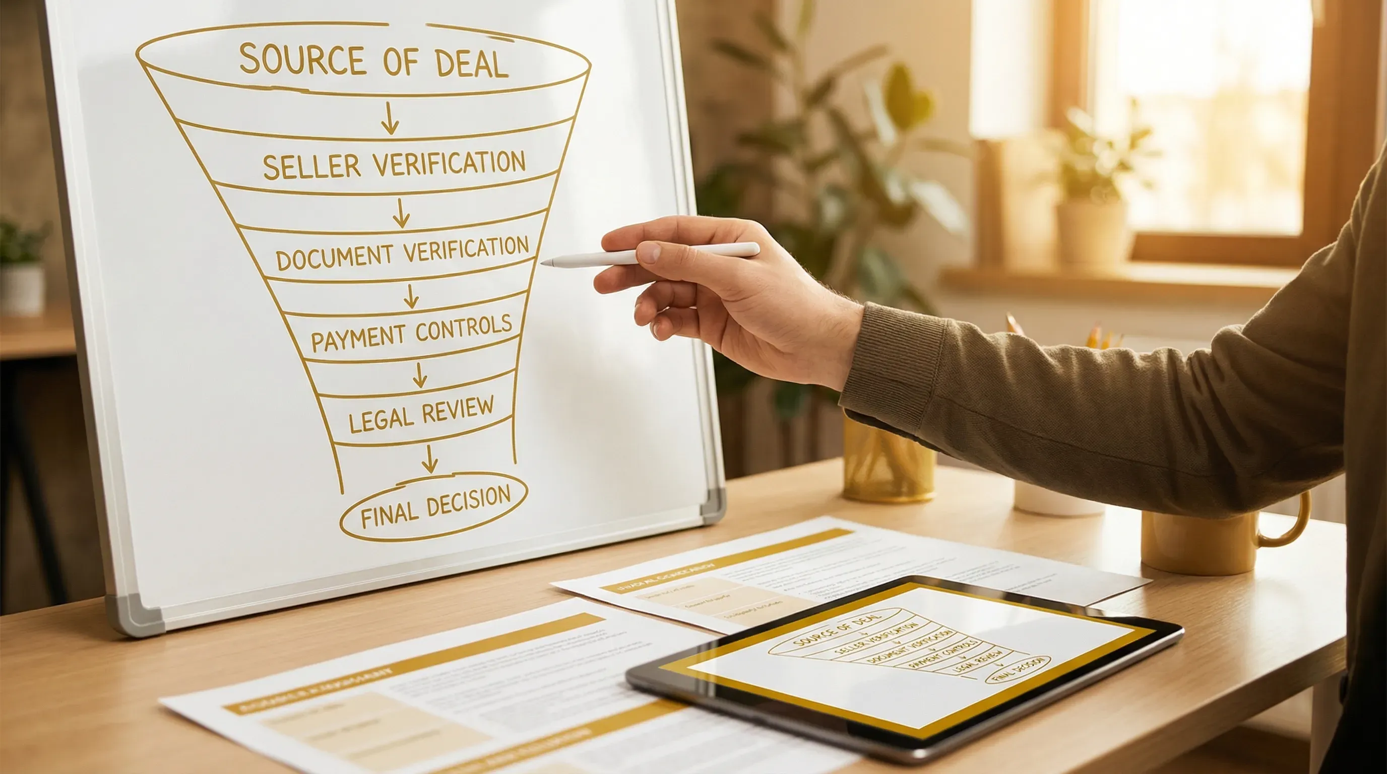 A simple visual showing an off-market property due diligence funnel: source of deal, seller verification, document verification, payment controls, legal review, and final decision.