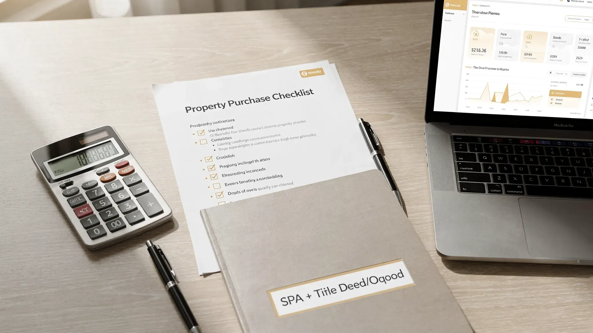 A first-time property investor’s desk with a printed checklist, calculator, laptop (screen facing correctly), and a folder labelled “SPA + Title Deed/Oqood”, suggesting a careful pre-purchase review process.