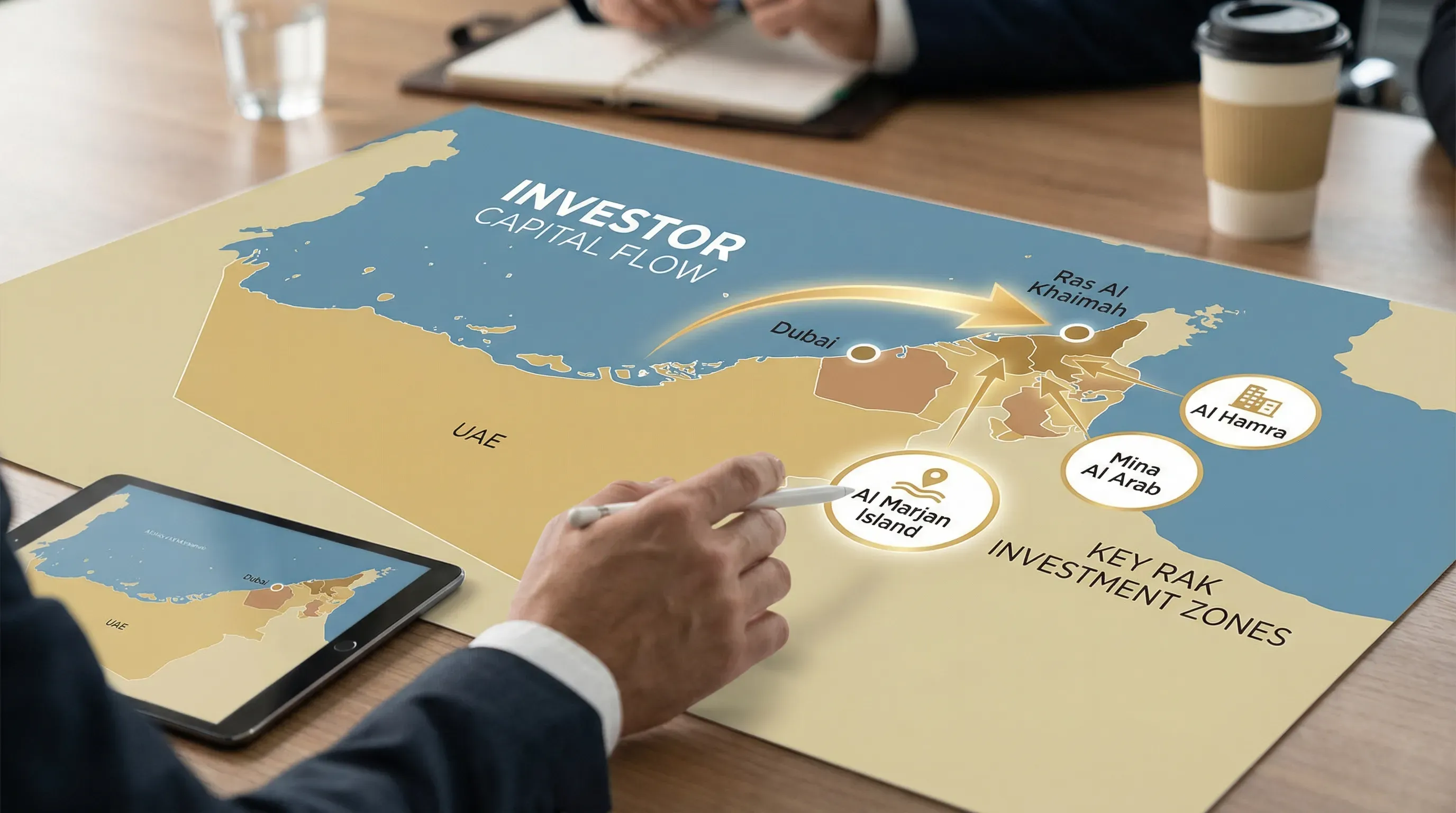 A simplified UAE map highlighting Dubai and Ras Al Khaimah, with callouts for key RAK investment zones like Al Marjan Island, Mina Al Arab, and Al Hamra, plus arrows indicating investor capital flow from Dubai to RAK.