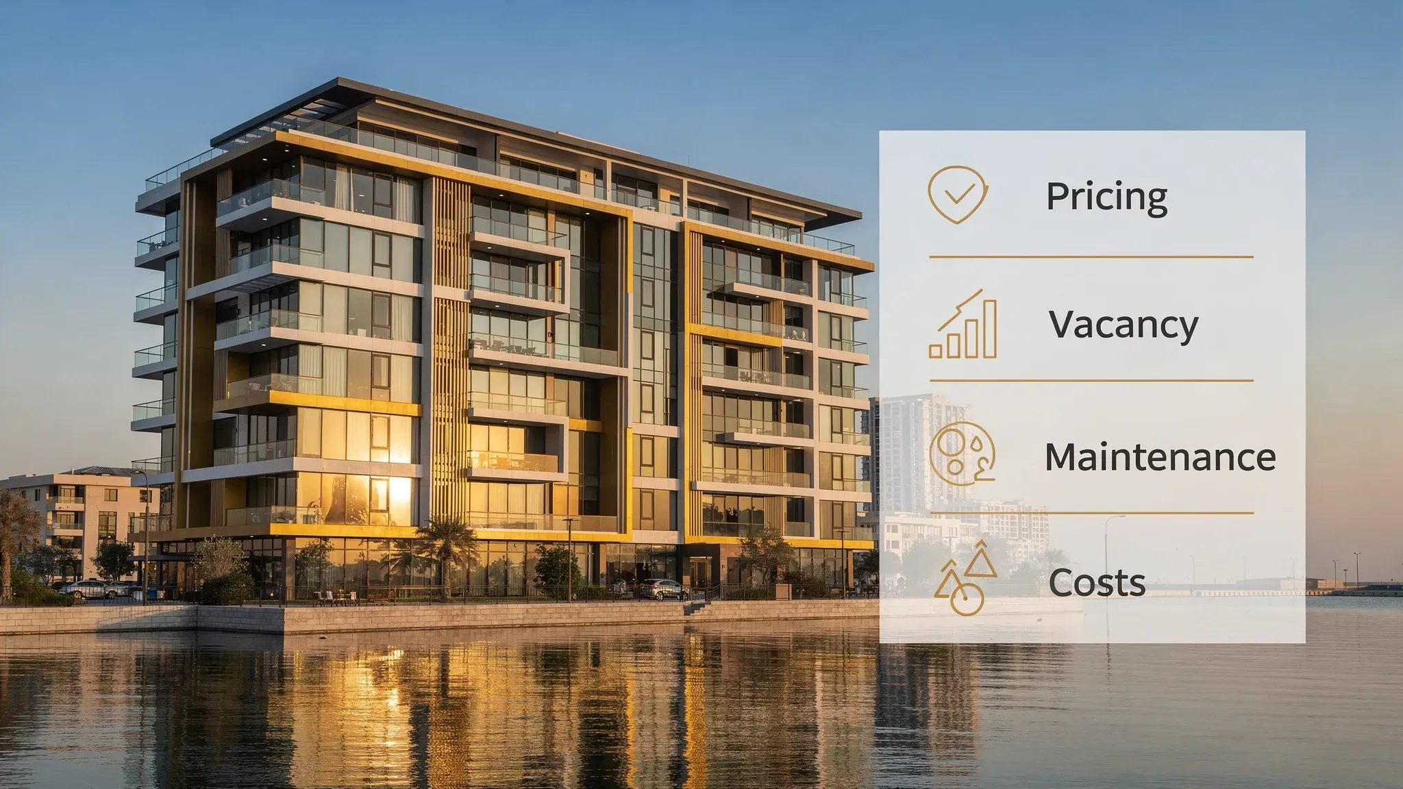 A premium waterfront apartment building in Ras Al Khaimah with a simple overlay concept showing the four net yield levers: pricing, vacancy, maintenance, and costs.