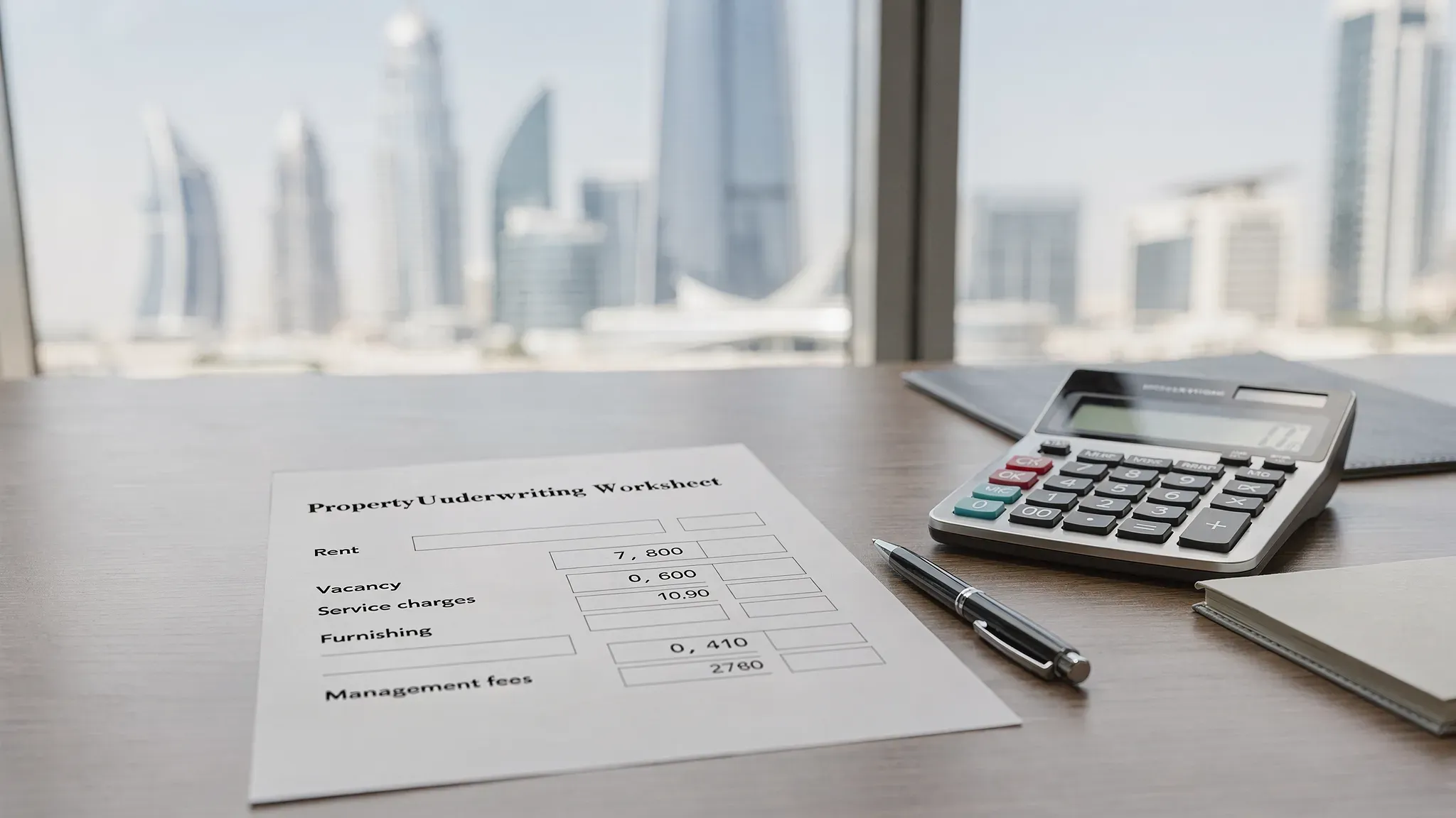 A simple underwriting worksheet on a desk showing line items for rent, vacancy, service charges, furnishing, and management fees, alongside a calculator and a UAE skyline in the background.