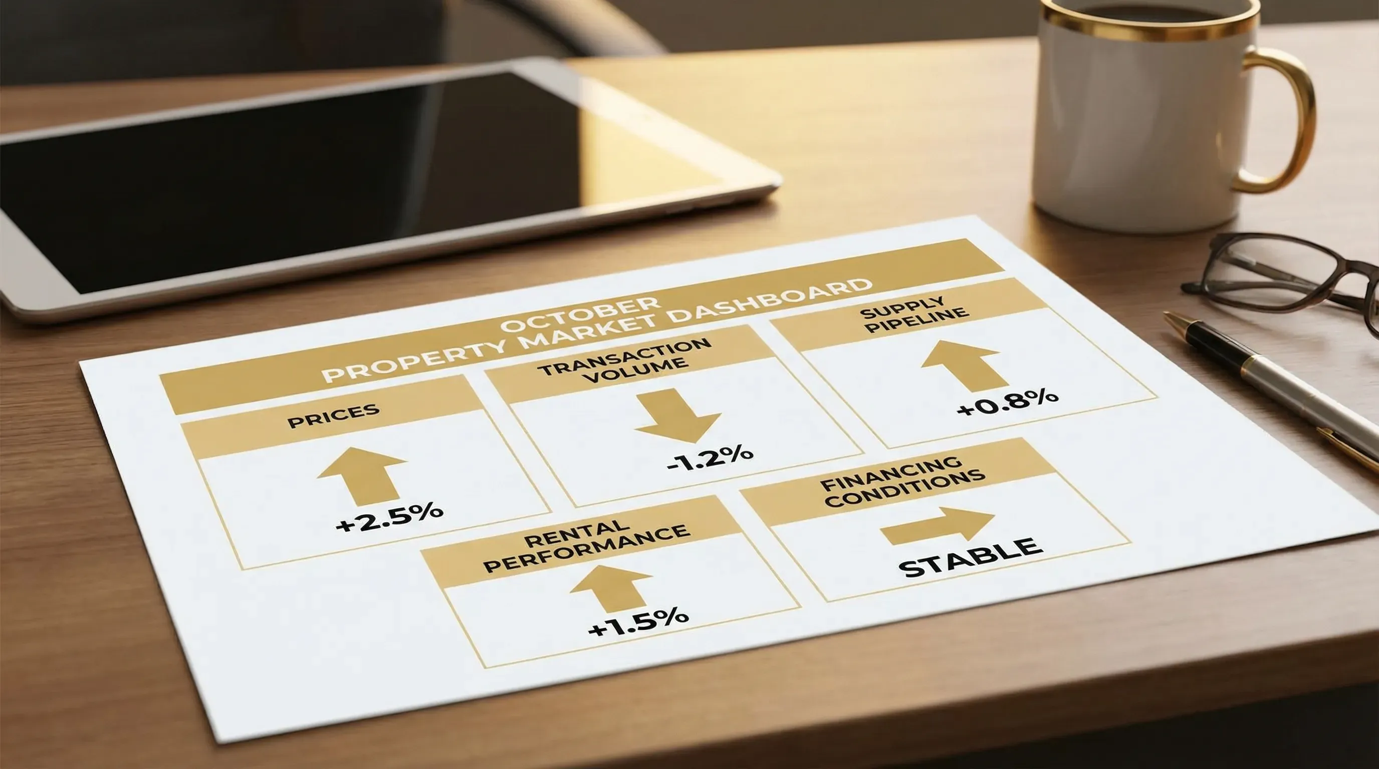 A simple one-page “monthly property market dashboard” mockup showing five panels: prices, transaction volume, supply pipeline, rental performance, and financing conditions, with arrows indicating month-on-month movement.