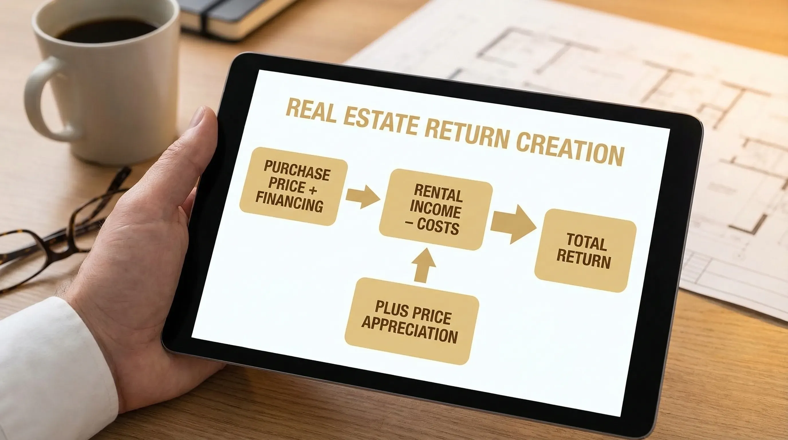 A simple flow diagram showing how real estate returns are created: purchase price and financing lead to rental income minus costs, plus price appreciation, resulting in total return.