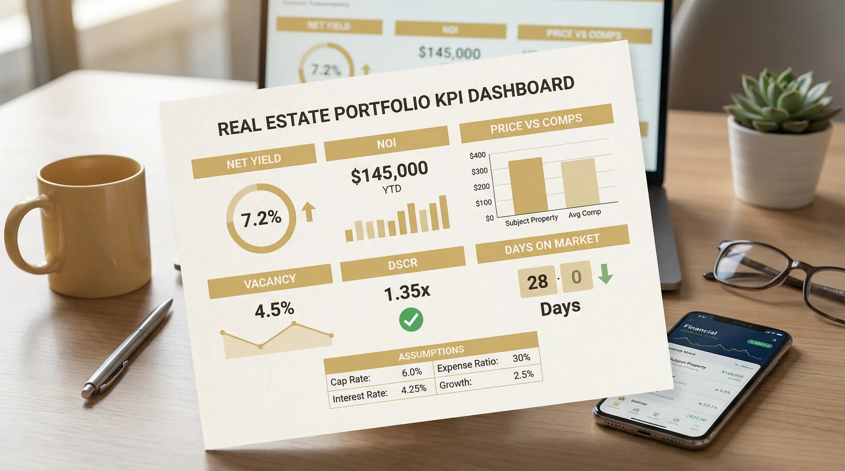 A clean one-page real estate KPI dashboard on a desk, showing sections for net yield, NOI, vacancy, DSCR, price vs comps, and days on market, with simple charts and a small table of assumptions.