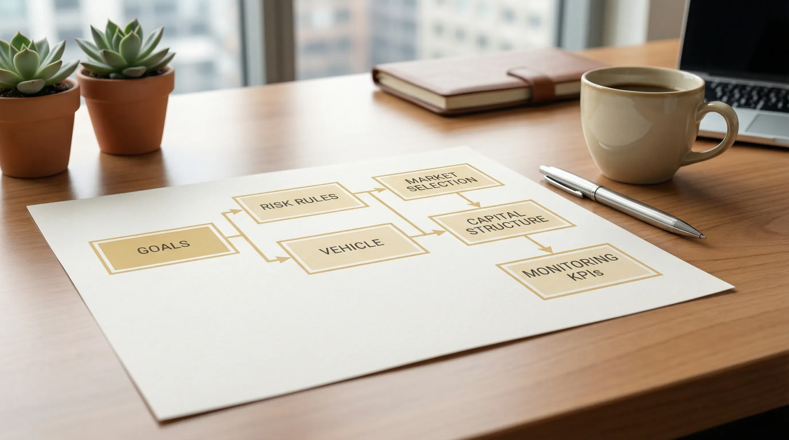 A simple UAE investment plan framework diagram showing six connected blocks: goals, risk rules, vehicle, market selection, capital structure, and monitoring KPIs, arranged in a clean flowchart.