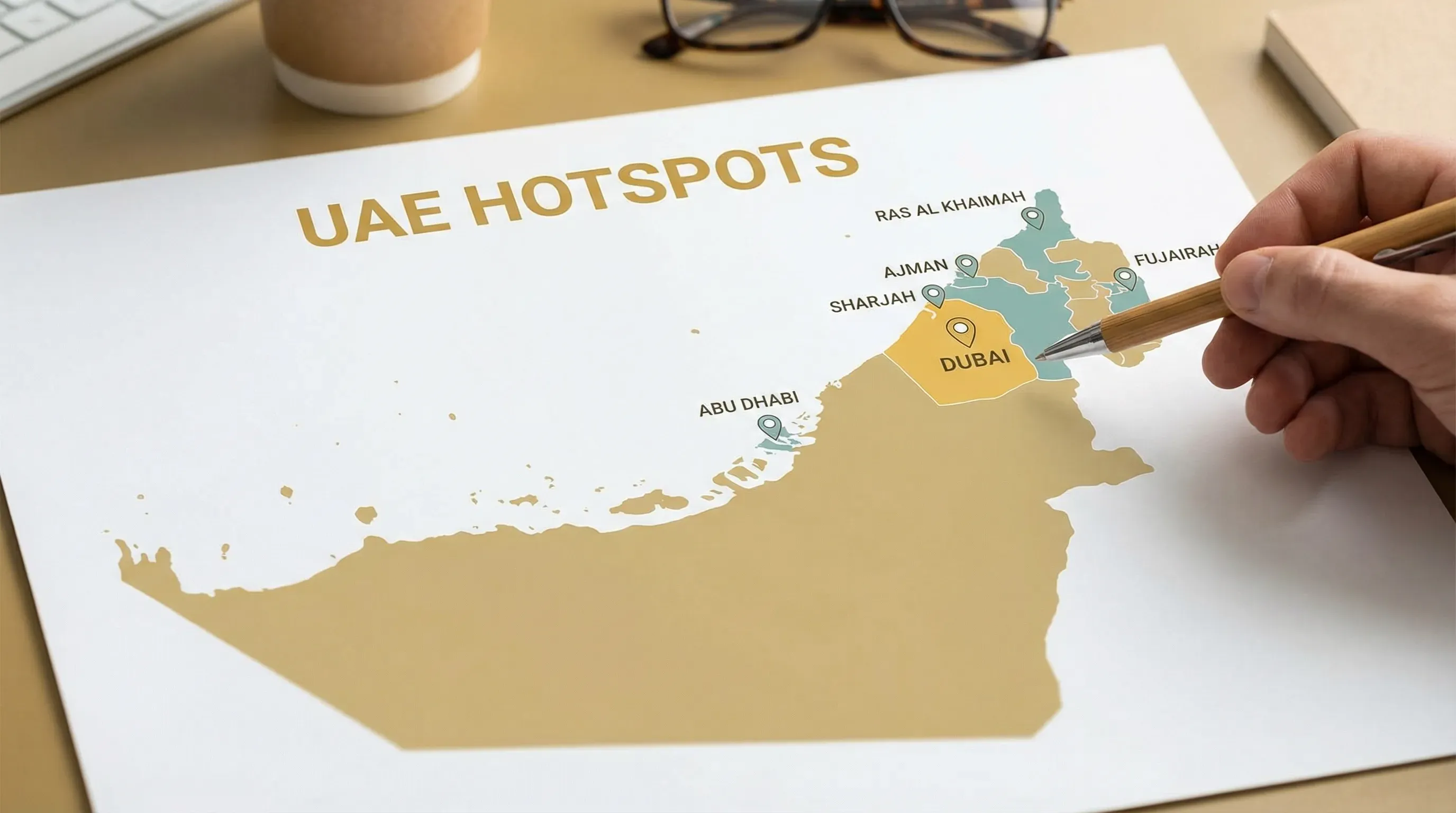 A clean, high-level map of the UAE with Dubai highlighted in one colour and alternative hotspots highlighted in another, showing Ras Al Khaimah, Abu Dhabi, Sharjah, Ajman, and Fujairah, with simple labels and no extra clutter.