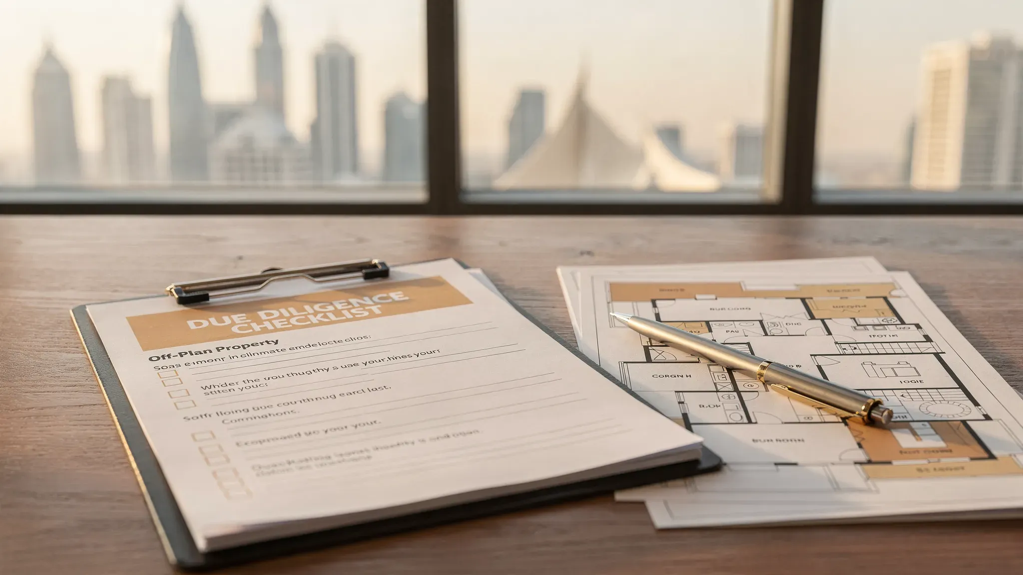 A professional off-plan property due diligence checklist on a clipboard beside a floor plan and a pen, with a UAE skyline in the background, conveying careful review before committing.