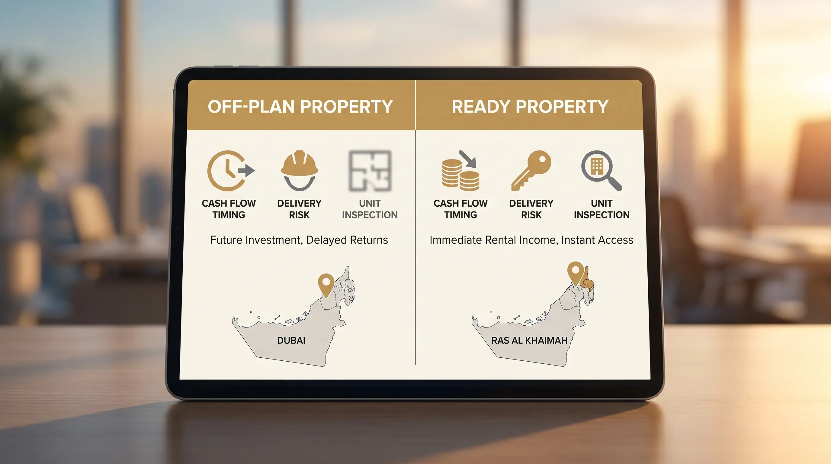 A simple side-by-side visual showing off-plan vs ready property in the UAE, including icons for cash flow timing, delivery risk, and unit inspection, with Dubai and Ras Al Khaimah marked as example markets.