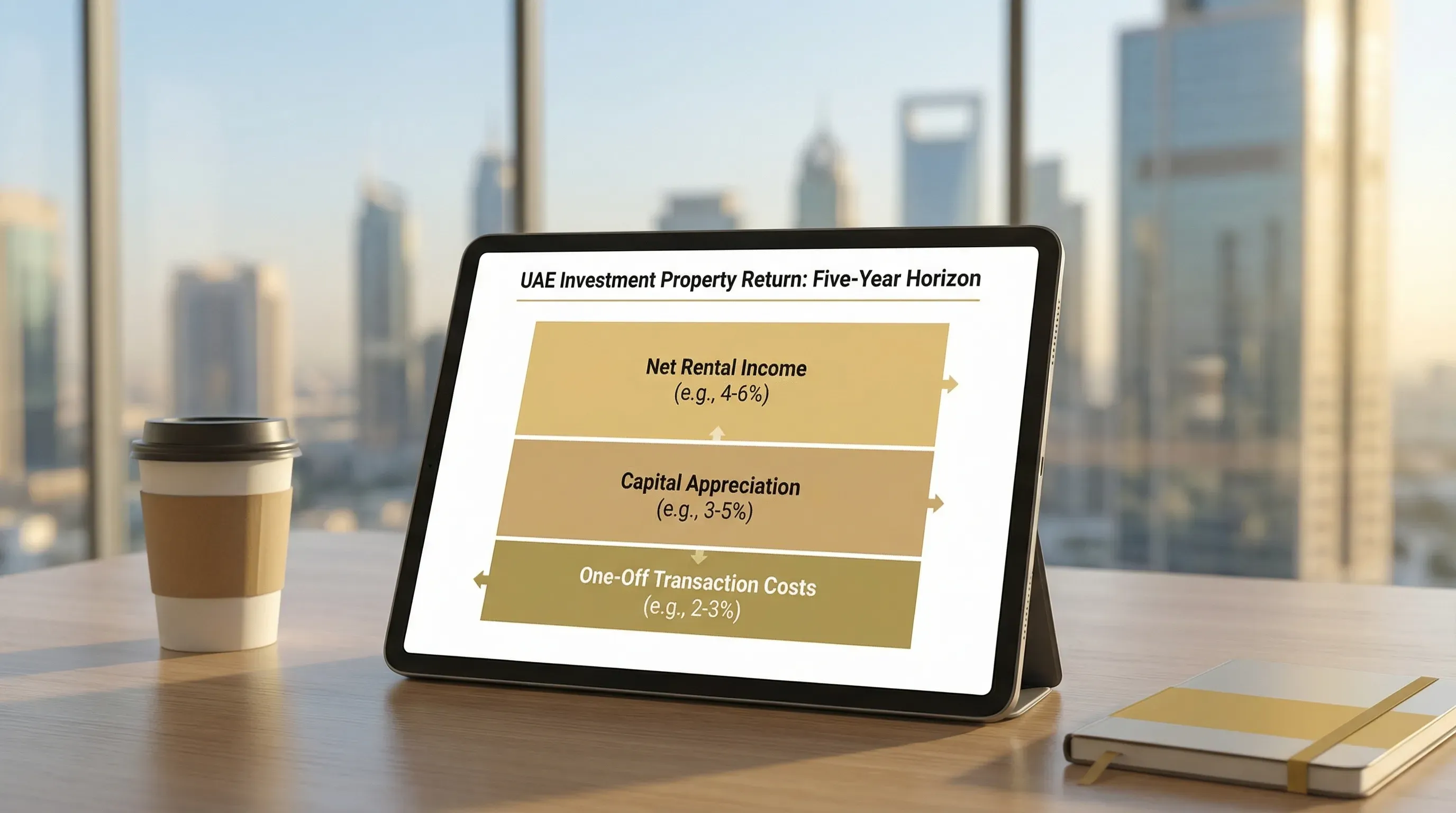 A simple UAE investment property return breakdown showing three stacked components: net rental income, capital appreciation, and one-off transaction costs, labelled with example percentages and a five-year horizon.