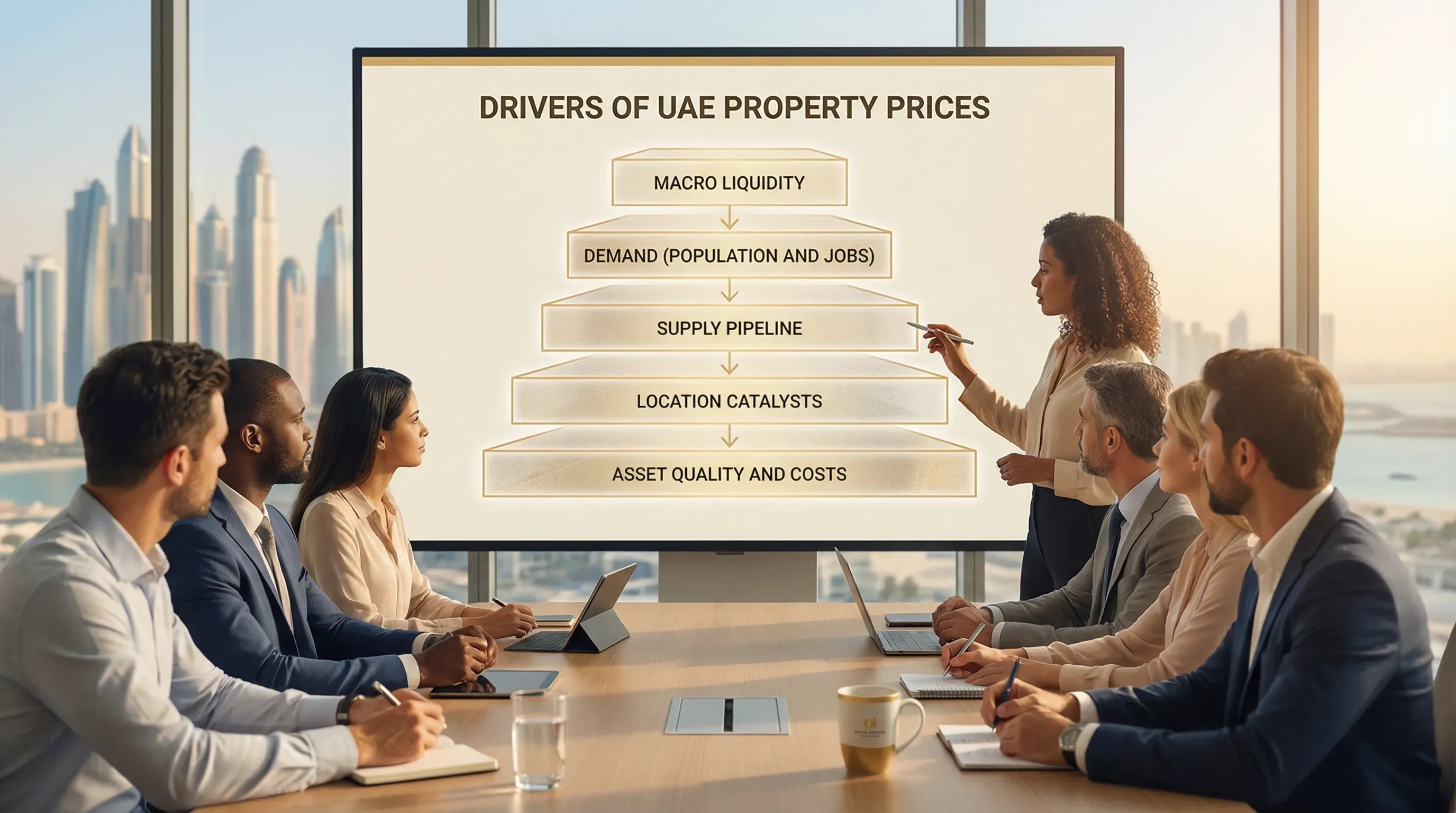A simple 5-layer diagram showing what drives UAE property prices: Macro liquidity, Demand (population and jobs), Supply pipeline, Location catalysts, Asset quality and costs.
