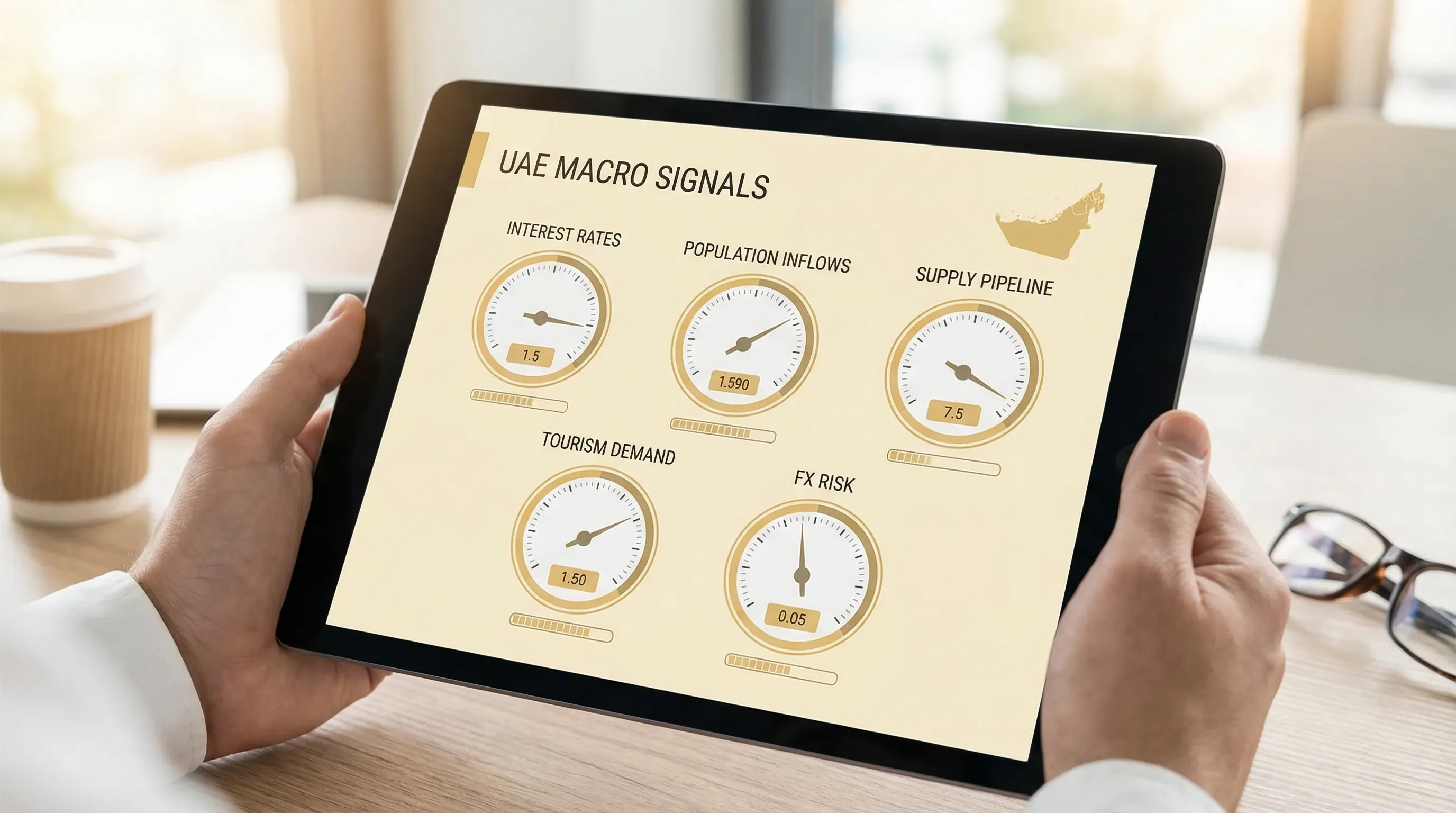 A simple investor dashboard concept showing key UAE macro signals as gauges: interest rates, population inflows, supply pipeline, tourism demand, and FX risk, with a small map outline of the UAE in the corner.