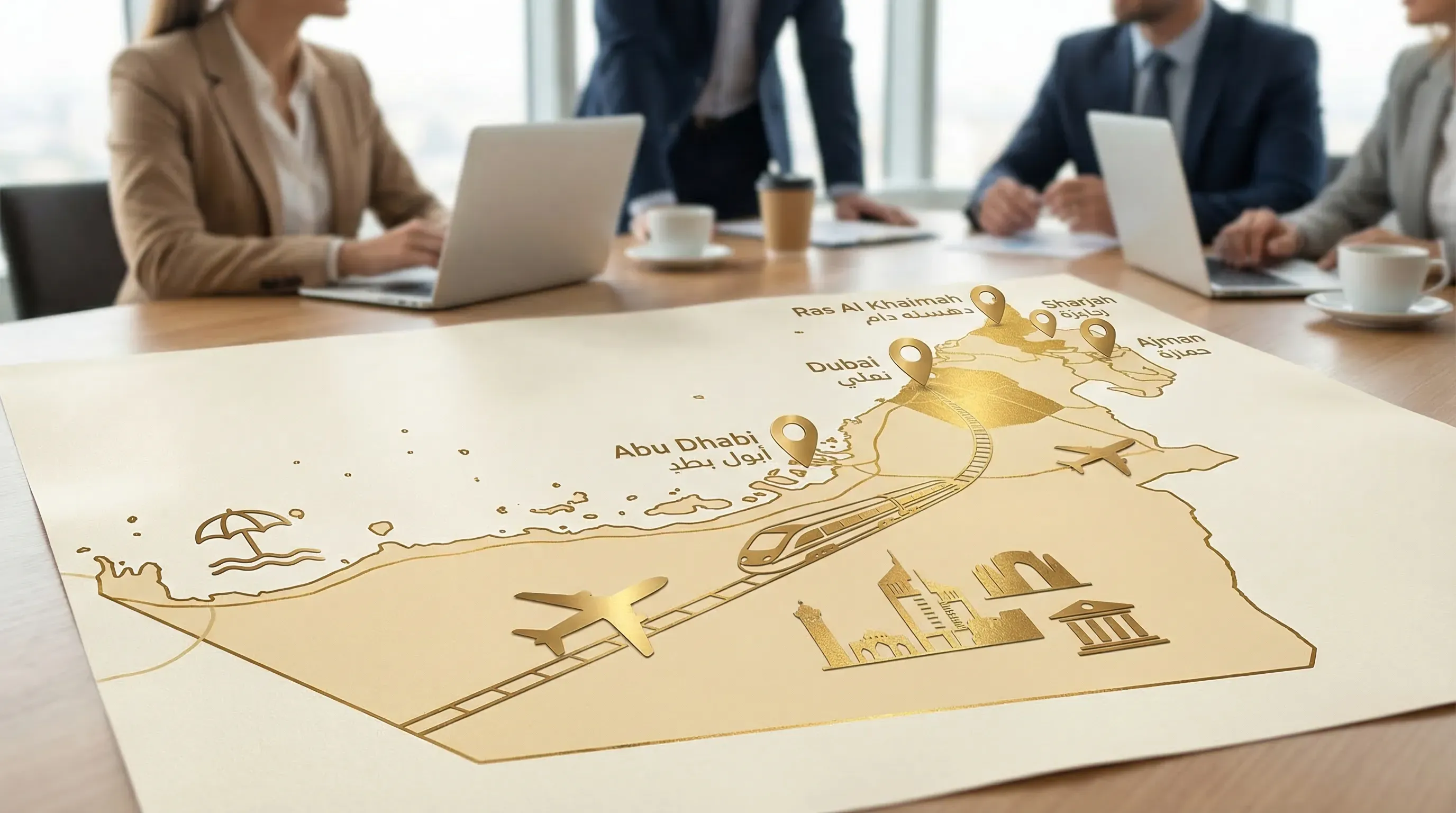 A simplified UAE map highlighting Dubai, Abu Dhabi, Ras Al Khaimah, Sharjah and Ajman, with icons for airport, rail, beachfront and cultural districts to illustrate growth drivers.