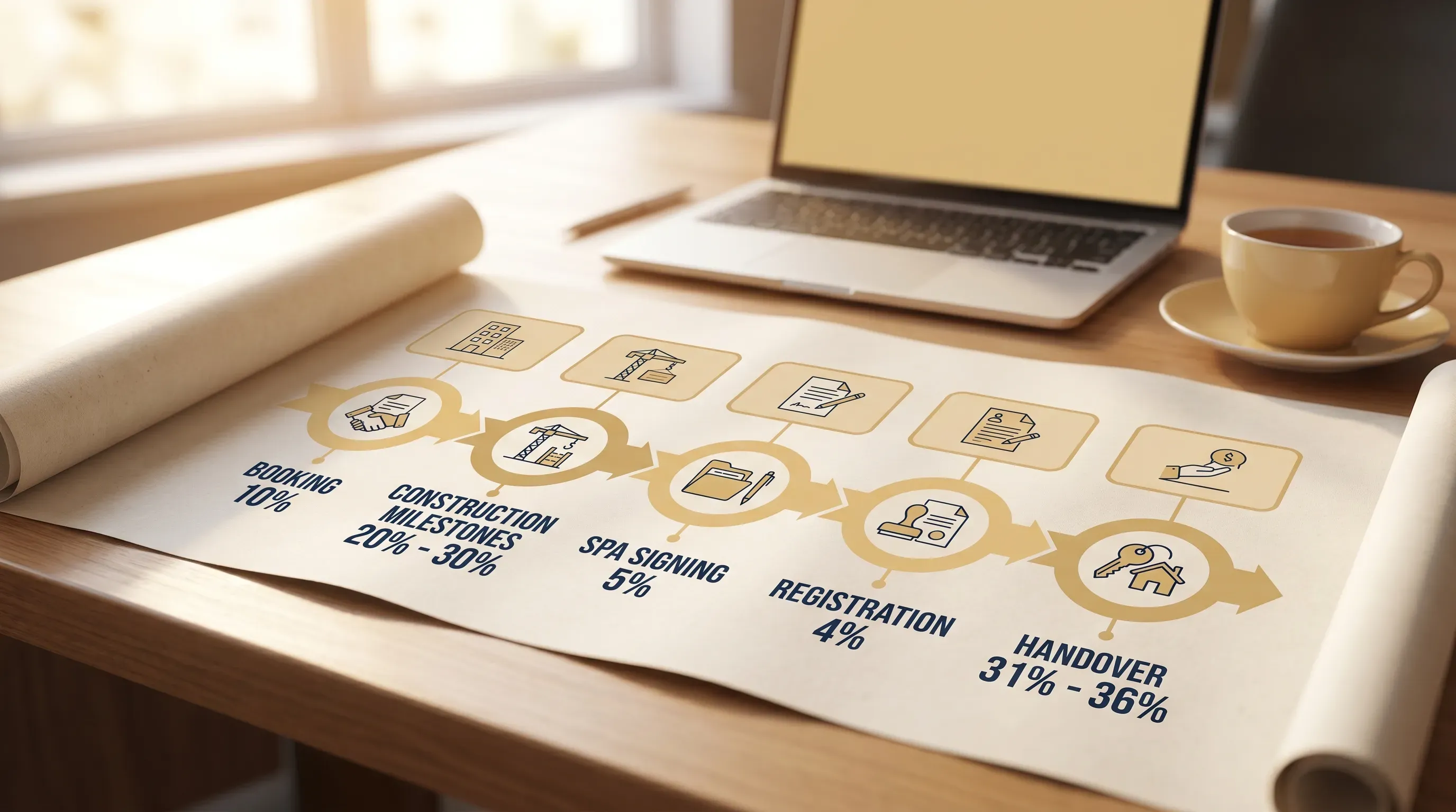 A simple timeline graphic showing an on-plan UAE property payment plan from booking to construction milestones to handover, with percentage payments at each stage and icons for key documents like the SPA and registration.
