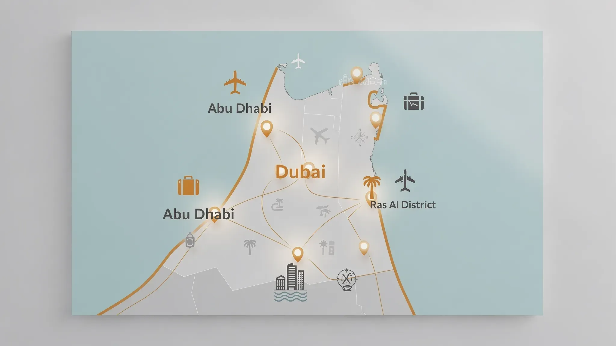 A simplified UAE map highlighting Dubai, Abu Dhabi, and Ras Al Khaimah, with icons for airports, tourism districts, and waterfront master-planned communities to show how infrastructure and lifestyle hubs relate to investment corridors.