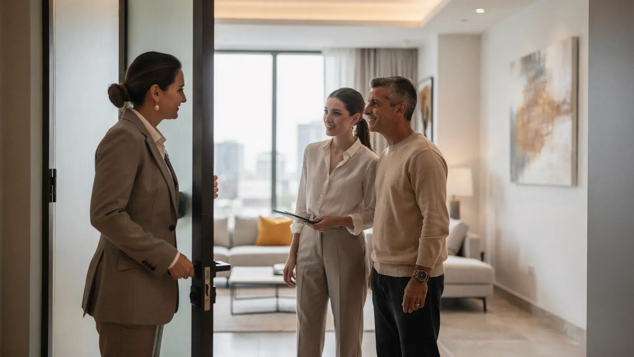 A discreet private property viewing in a modern luxury apartment, with an agent opening the door for two buyers while keeping the setting calm and confidential, suggesting an off-market transaction.