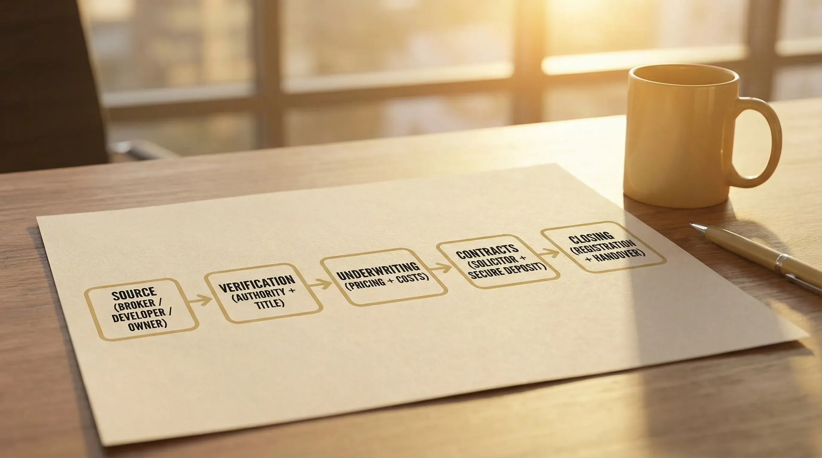 A simple flowchart showing an off-market real estate deal process: Source (broker/developer/owner) to Verification (authority + title) to Underwriting (pricing + costs) to Contracts (solicitor + secure deposit) to Closing (registration + handover).