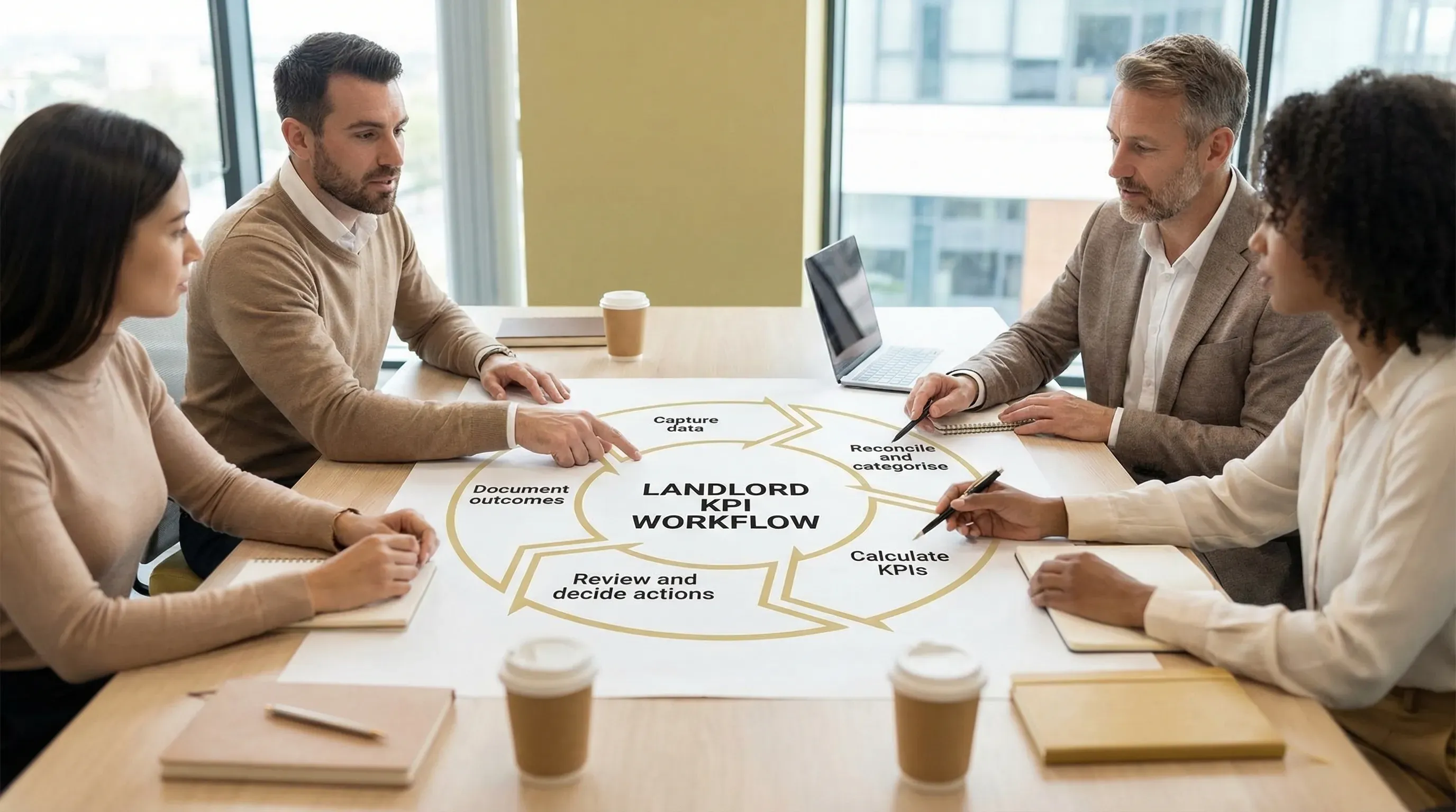A simple landlord KPI workflow diagram showing five steps in a loop: Capture data, Reconcile and categorise, Calculate KPIs, Review and decide actions, Document outcomes.