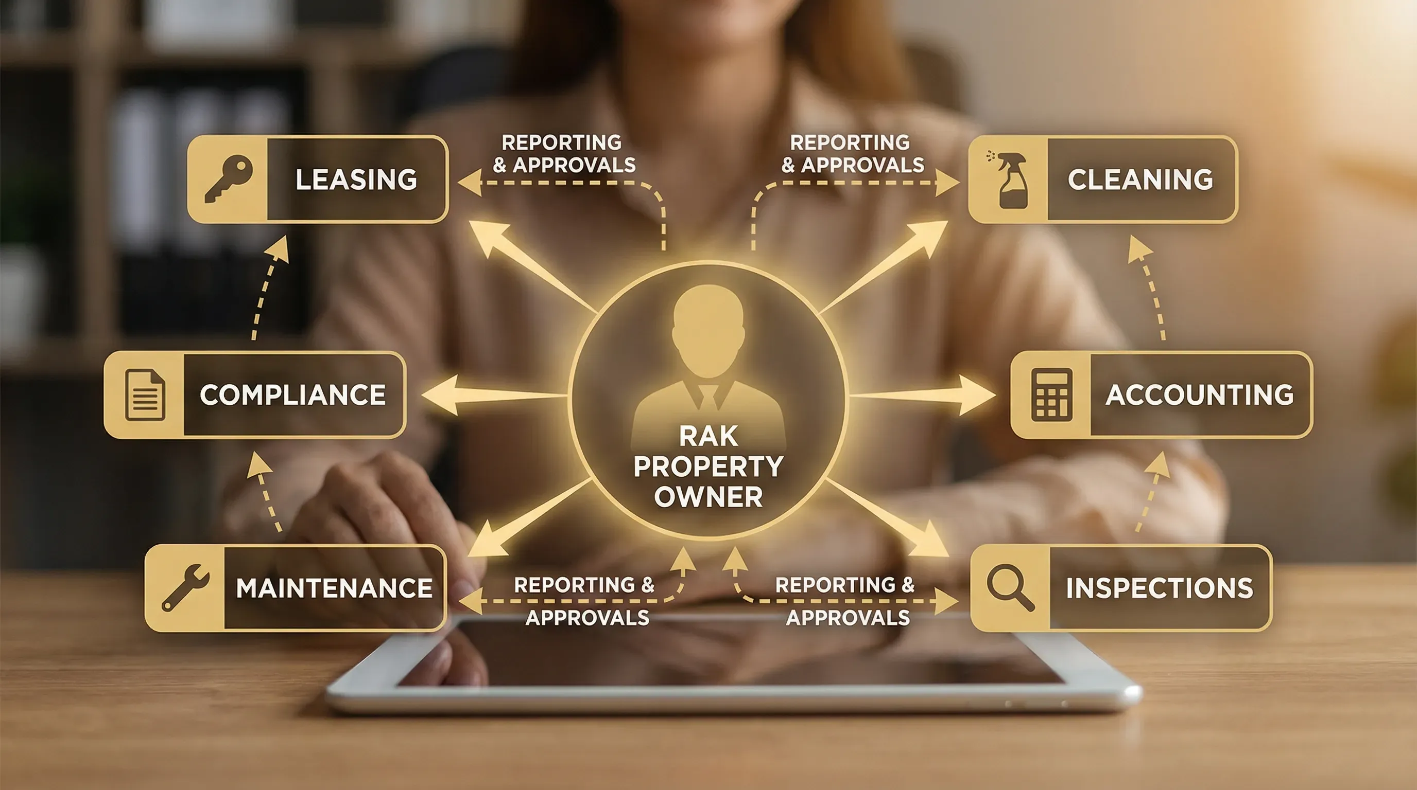 A simple diagram showing a RAK property owner at the centre connected to outsourced functions: leasing, compliance, maintenance, cleaning, accounting, and inspections, with arrows indicating reporting back to the owner for approvals.