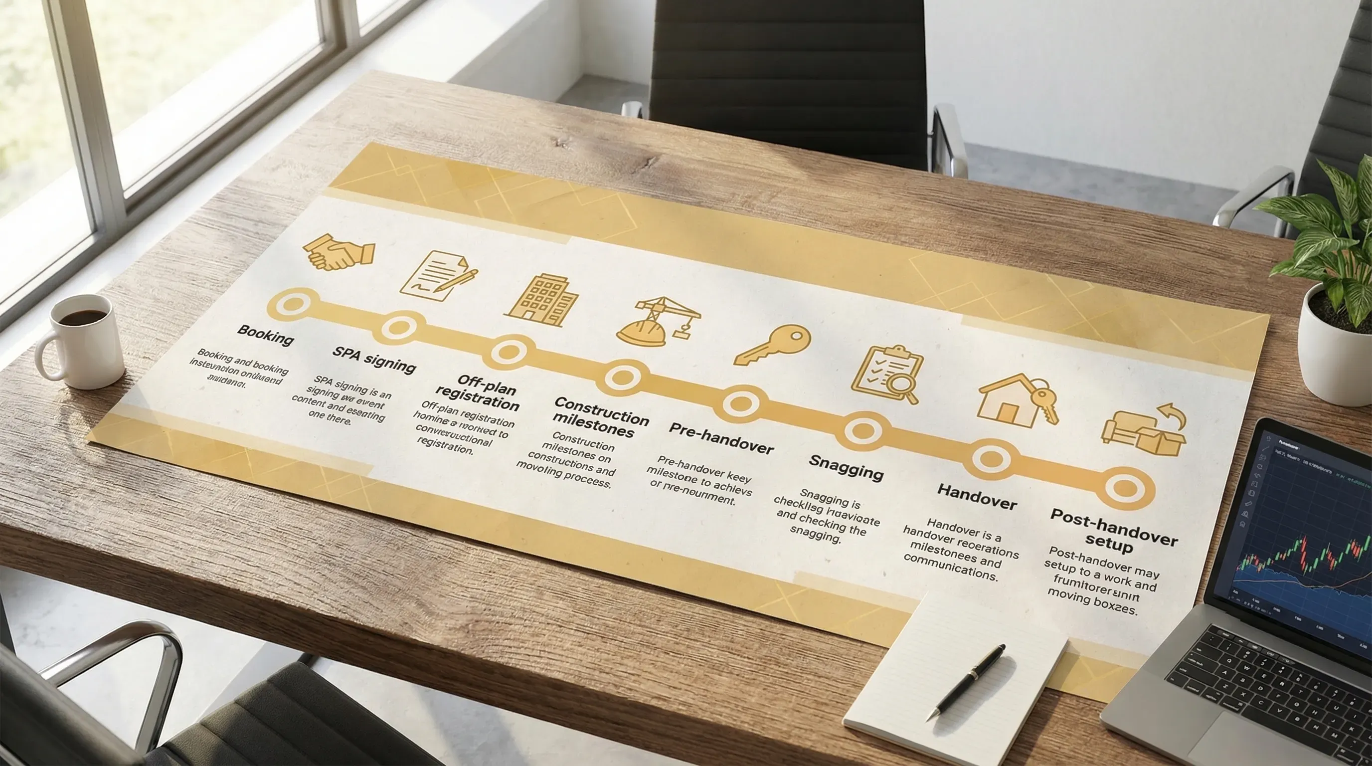 A clean, horizontal timeline infographic showing the off-plan property investment journey: Booking, SPA signing, Off-plan registration, Construction milestones, Pre-handover, Snagging, Handover, Post-handover setup.