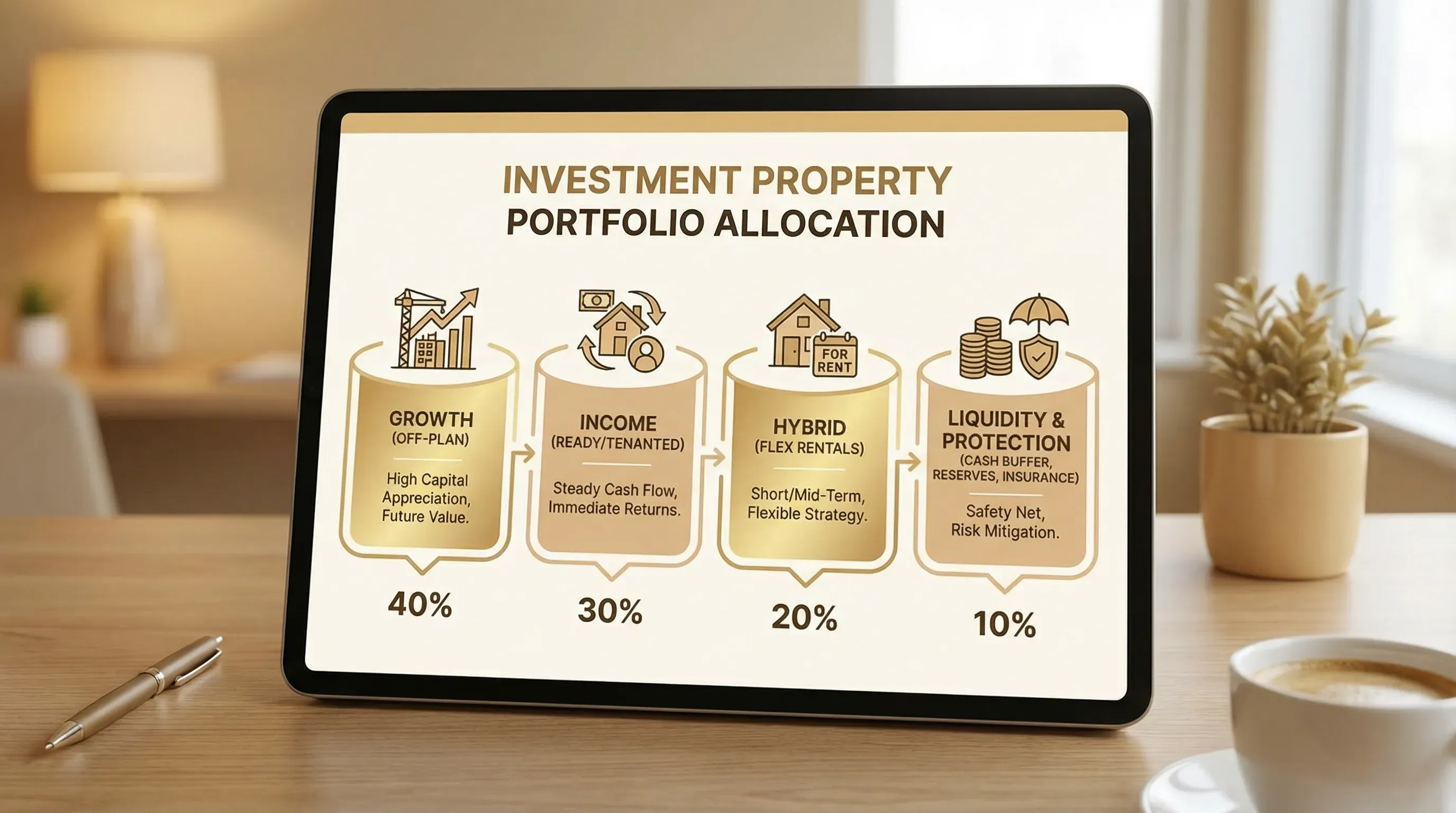 A clean infographic showing a four-bucket allocation for an investment property portfolio: Growth (off-plan), Income (ready/tenanted), Hybrid (flex rentals), and Liquidity & Protection (cash buffer, reserves, insurance).