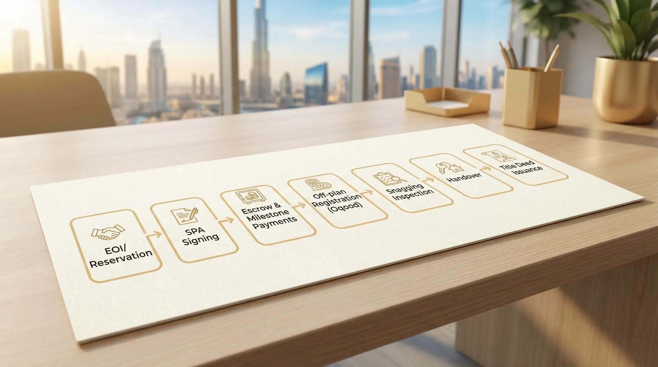 A clean, simplified flow diagram showing the UAE off-plan buying journey: EOI/reservation, SPA signing, escrow and milestone payments, off-plan registration (Oqood or local equivalent), snagging inspection, handover, title deed issuance.
