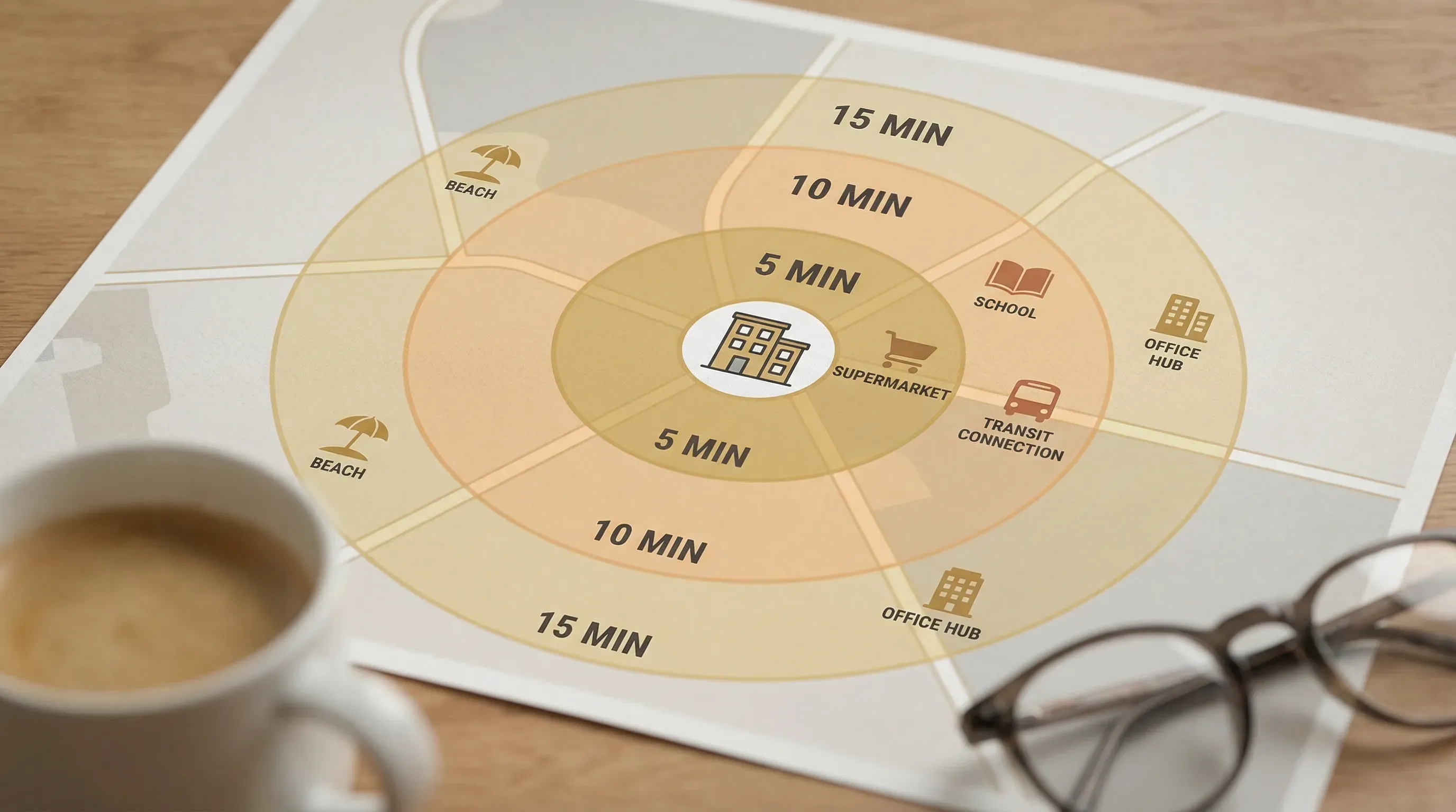 A simplified neighbourhood map showing three micro-location rings (5, 10, 15 minutes) around a residential building, with icons for supermarket, school, beach, office hub and transit connection.