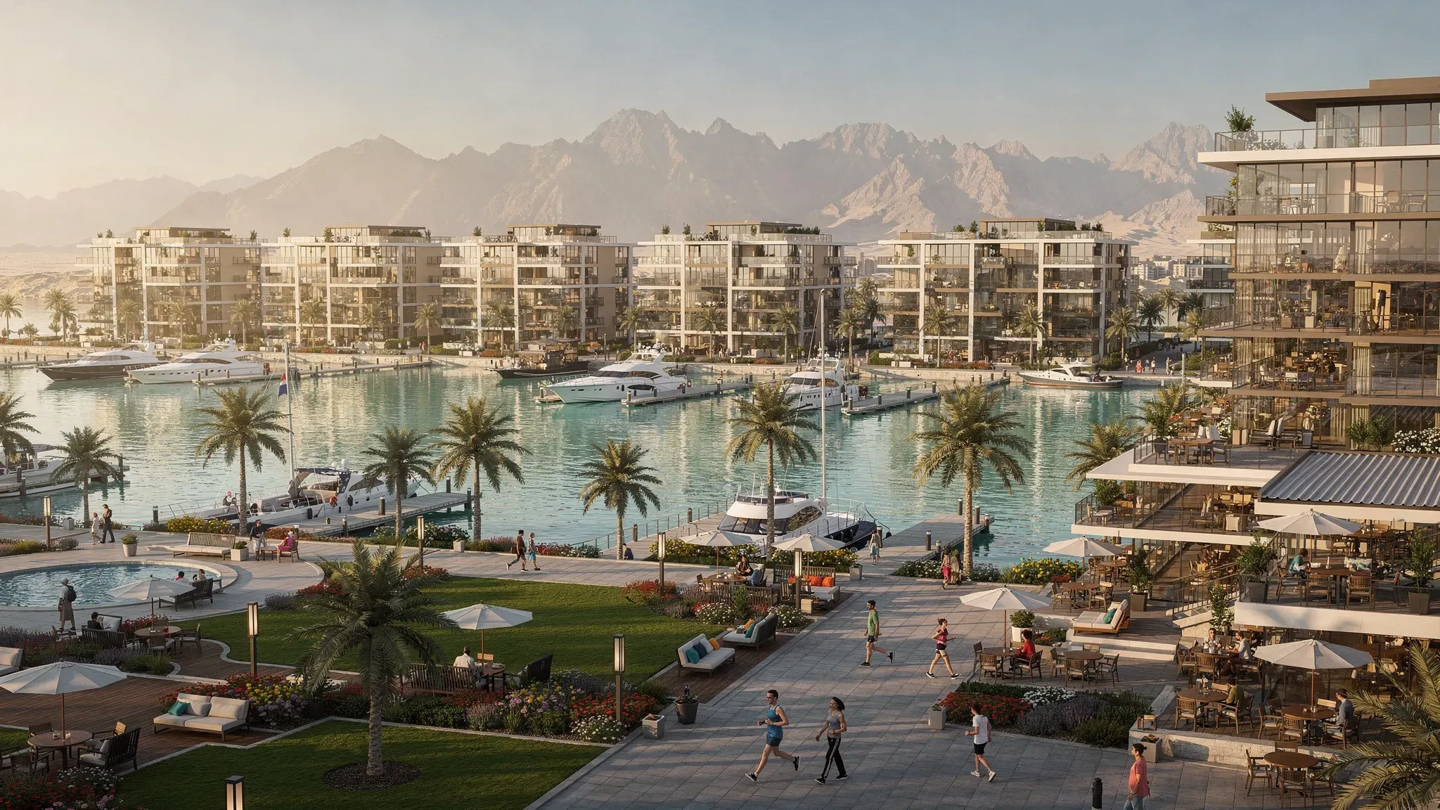 A high-level scene of a modern Ras Al Khaimah waterfront community with mid-rise residential towers, a marina promenade, landscaped public areas, and distant mountains, conveying a mix of lifestyle and investment appeal.
