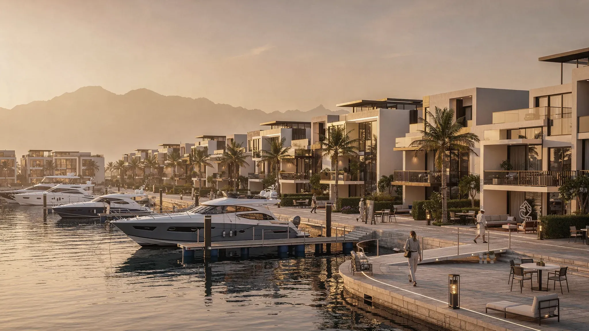 A high-end waterfront residential development in Ras Al Khaimah at sunset, with a marina promenade, modern low-rise buildings, palm-lined walkways, and mountains faintly visible in the background.