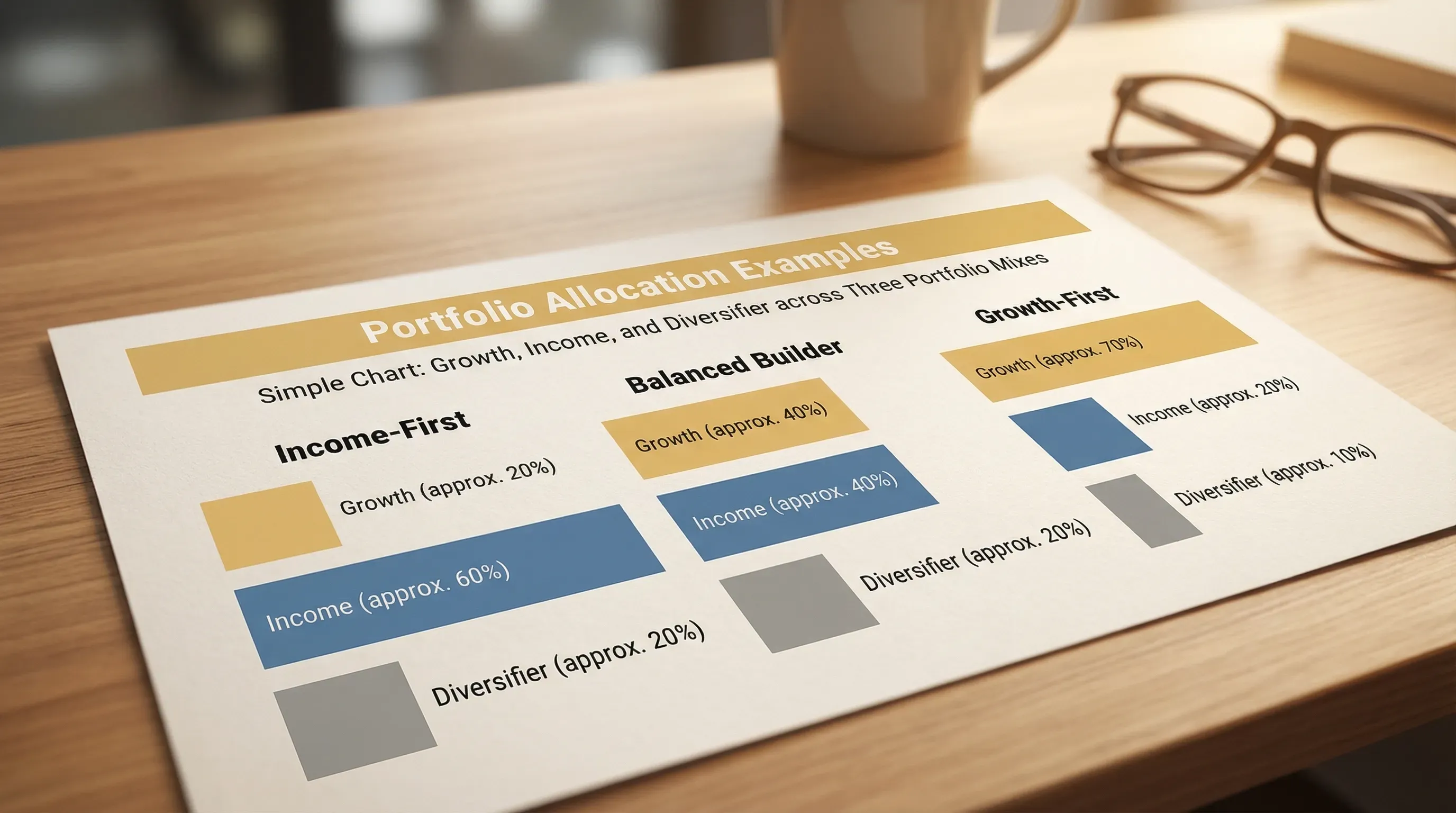 A simple chart showing three bars labelled Growth, Income, and Diversifier, with three different example portfolio mixes (Income-First, Balanced Builder, Growth-First) and their approximate percentage allocations.