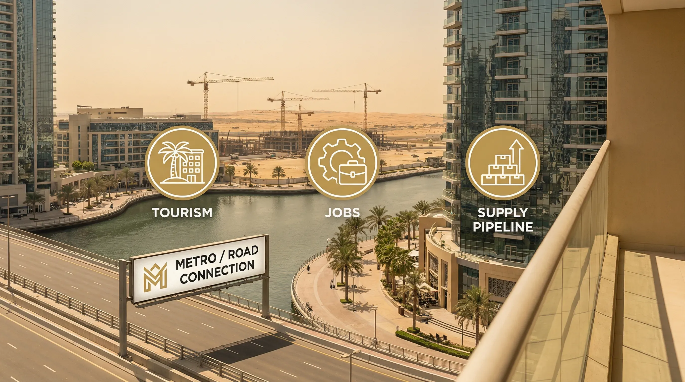 A high-level illustration of UAE real estate price drivers: a waterfront community with cranes in the distance, a metro/road connection sign, and icons representing tourism, jobs, and supply pipeline.