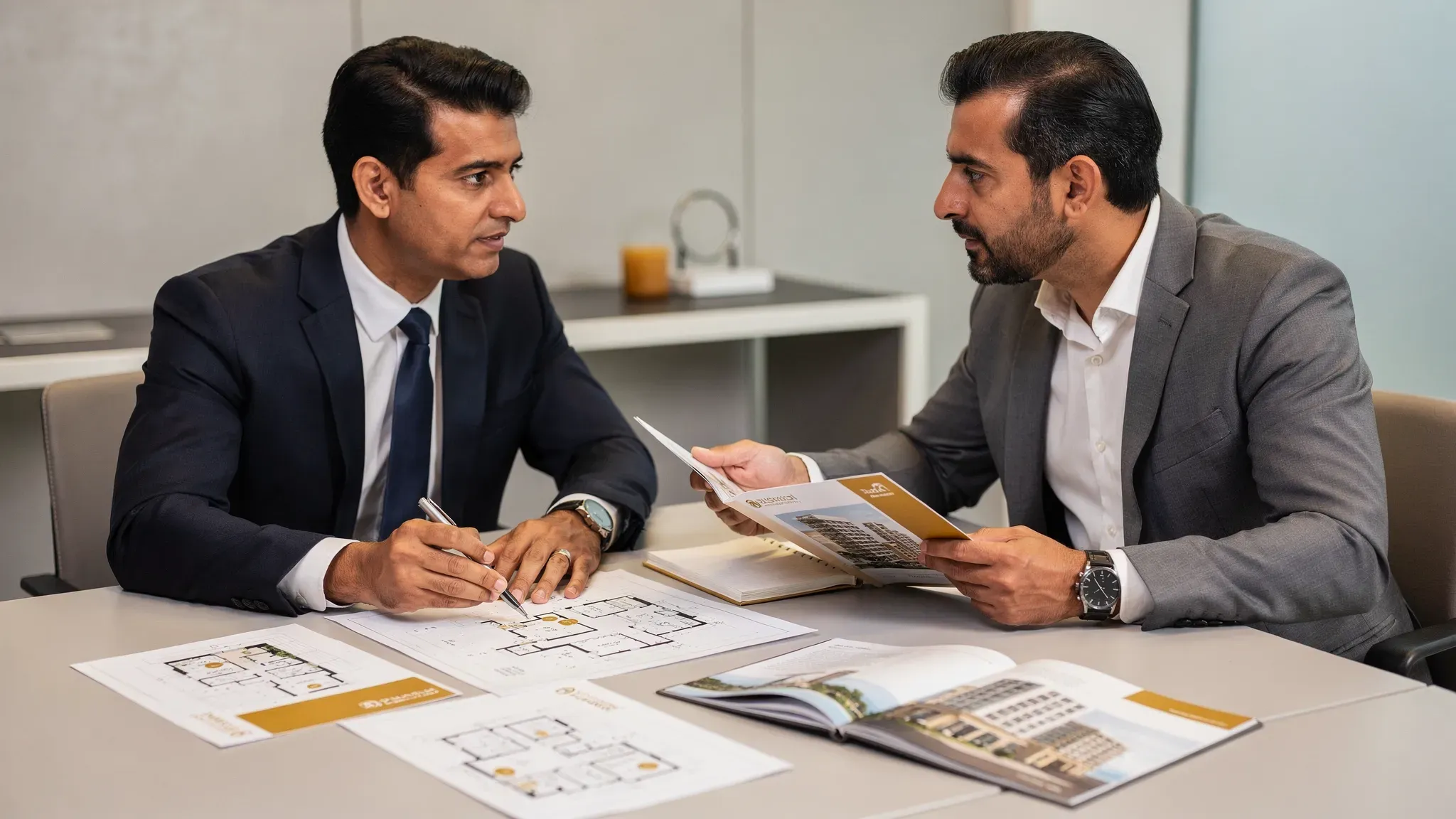 A professional real estate consultation setting in the UAE, with an advisor and an investor reviewing printed floor plans and a project brochure on a table, with a neutral background and no visible screens.