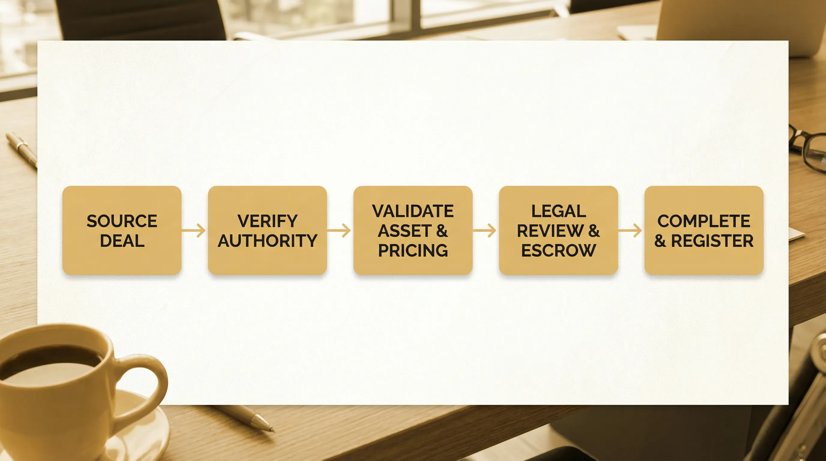 A simple flowchart showing an off-market real estate transaction: source deal, verify authority, validate asset and pricing, legal review and escrow, then complete and register.