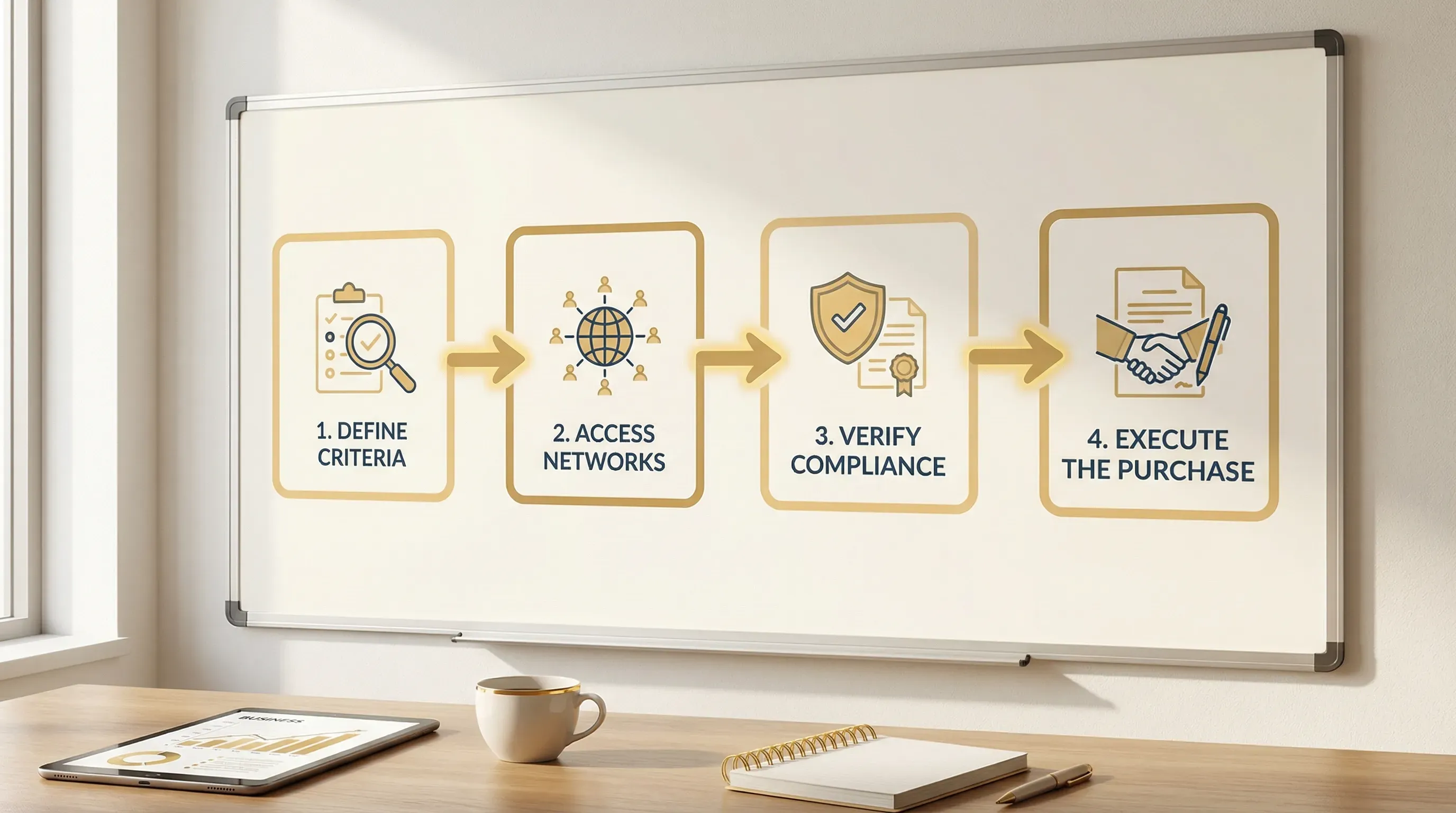 A simple four-step flow diagram showing the off-market buying process: Define criteria, Access networks, Verify compliance, Execute the purchase. Each step is represented by a clear box connected by arrows.