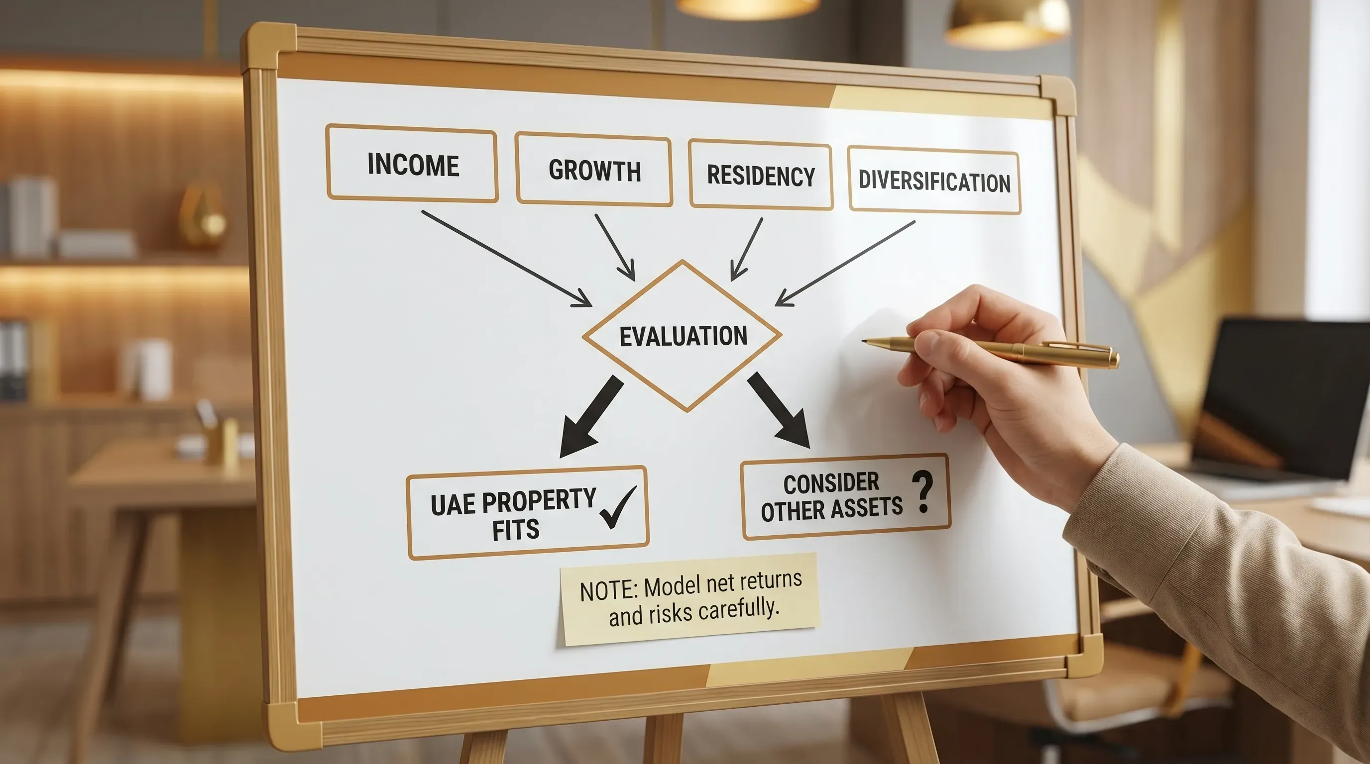 A decision flow diagram with four boxes: goal (income, growth, residency, diversification) leading to “UAE property fits” or “consider other assets”, with a note to model net returns and risks.