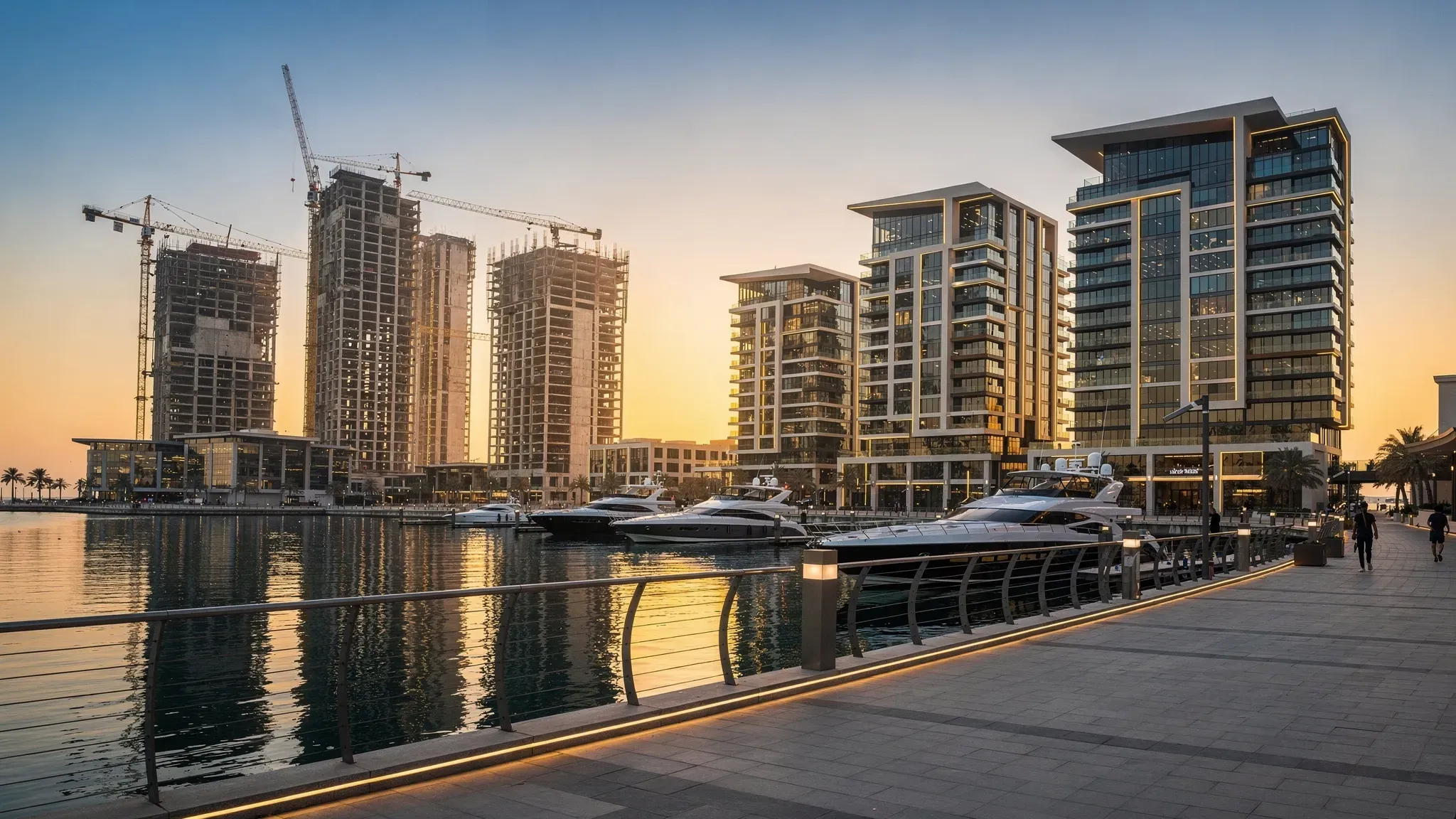 A premium waterfront development in the UAE at sunrise with cranes in the distance, finished towers nearby, and a marina promenade showing the mix of under-construction and completed assets that investors evaluate in 2026.
