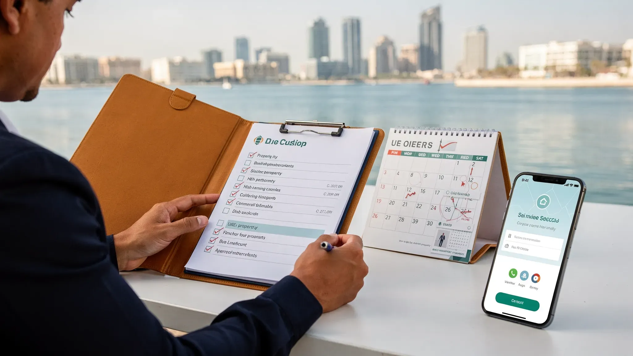 An illustrative scene of an international property owner reviewing a UAE property folder with a checklist, a calendar with due dates, and a phone showing a secure payment confirmation, with a subtle Ras Al Khaimah waterfront skyline in the background.